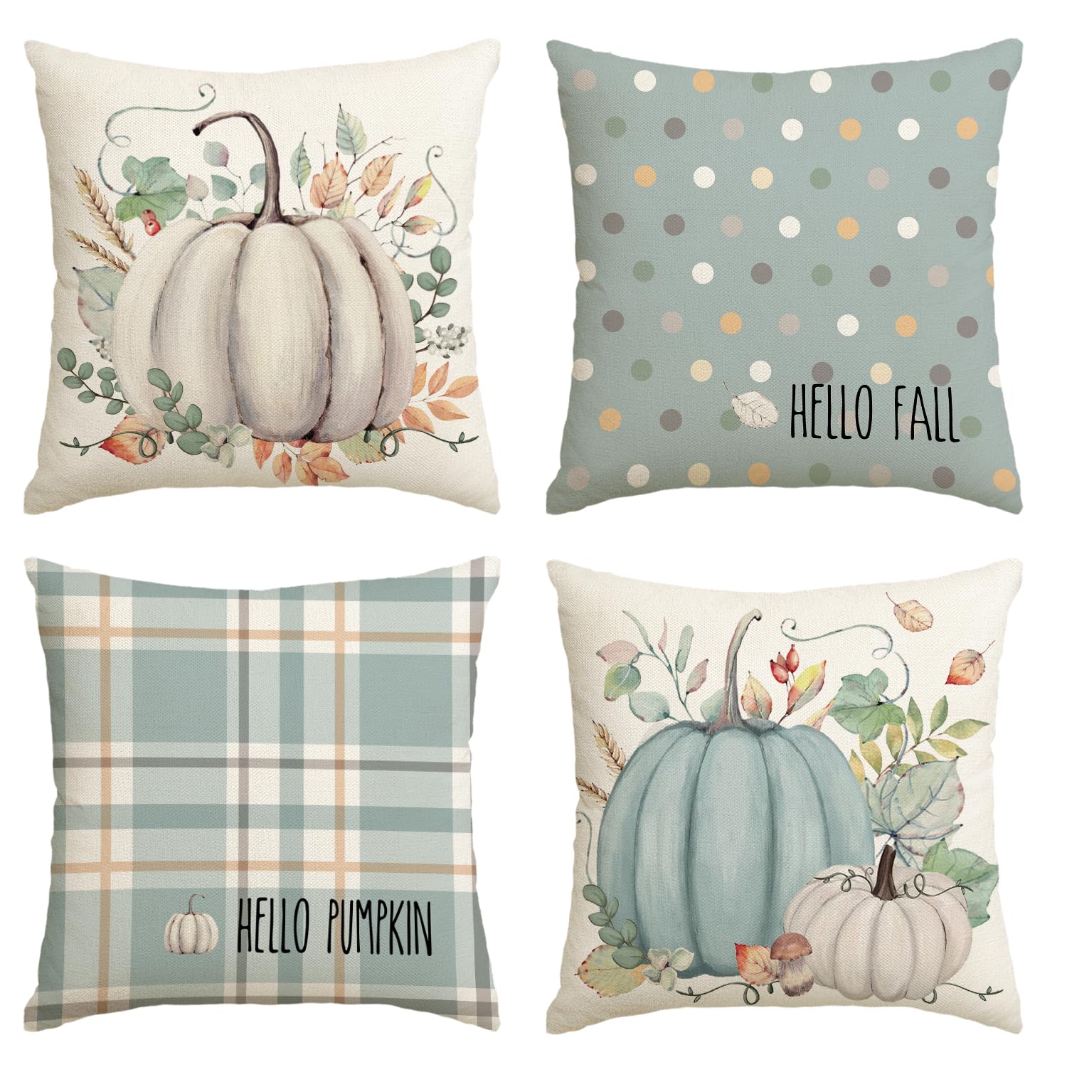 AVOIN colorlife Hello Fall Hello Pumpkin Throw Pillow Covers, 18 x 18 Inch Autumn Thanksgiving Harvest Orange Eucalyptus Decorations for Sofa Couch Set of 4