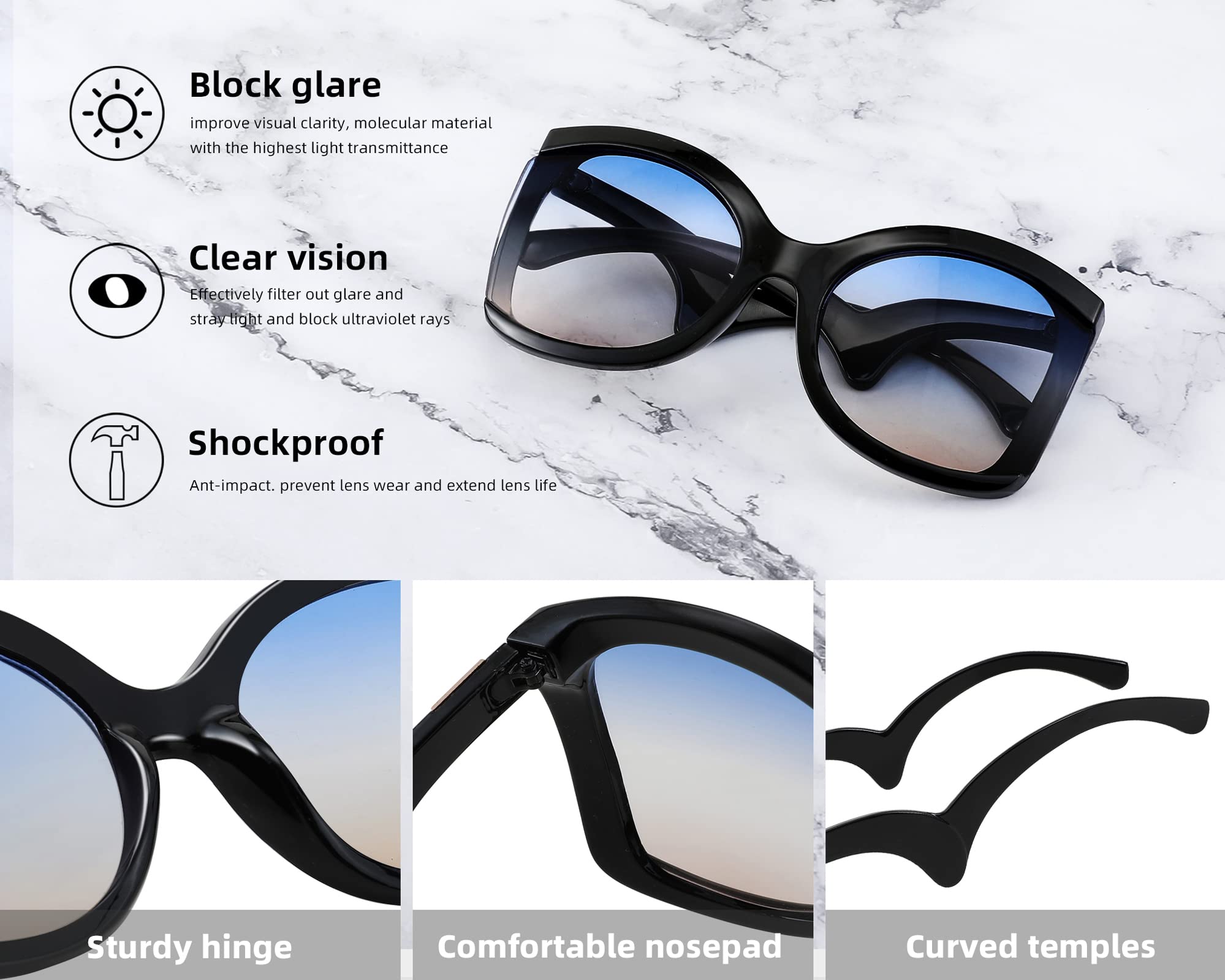 FEISEDY Oversized Square Butterfly Sunglasses Curved Curly Arm Frame Women's Fashion Shades B4035