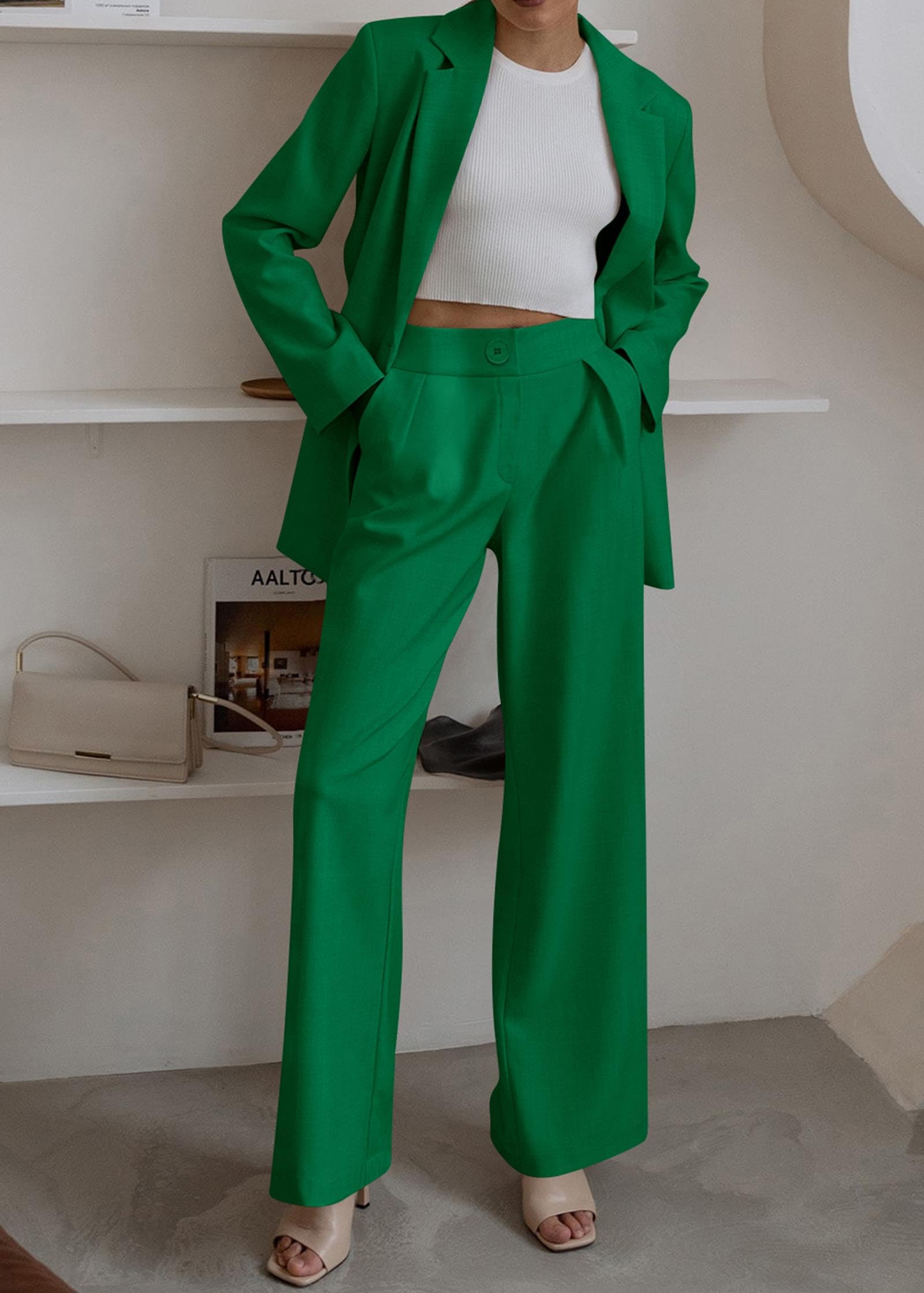 KIRUNDO Women Suits 2 Piece Set Business Casual Dressy Oversized Blazer Jacket and Wide Leg Dress Pantsuits Formal Outfits