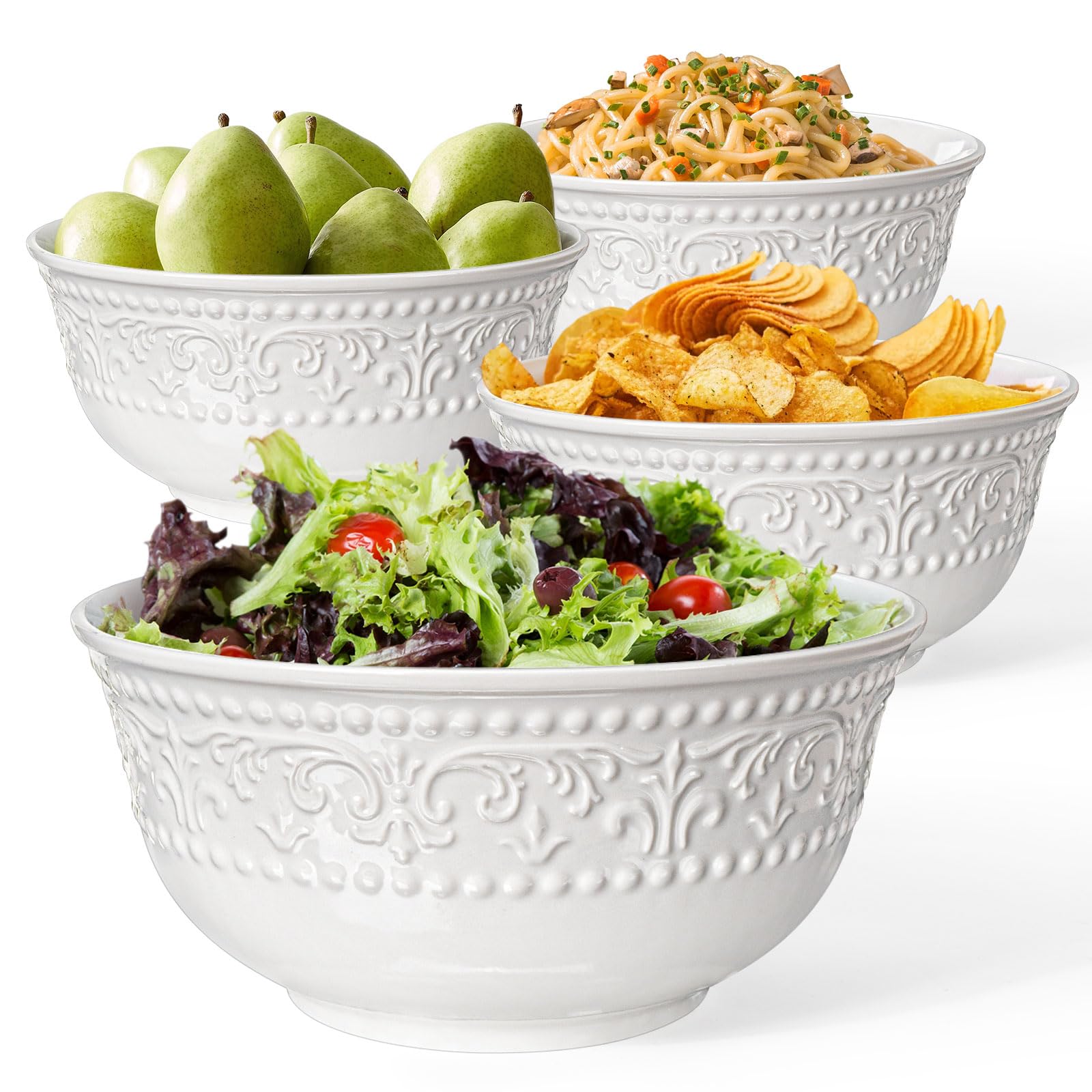 Large Salad Bowls Set of 4, 60oz White Serving Bowls Deep Deep Embossed Ceramic Mixing Bowl for Soup Kitchen, Eating, Ramen, Pasta, Dishwasher & Microwave Safe 8 inch (Multiple Patterns)