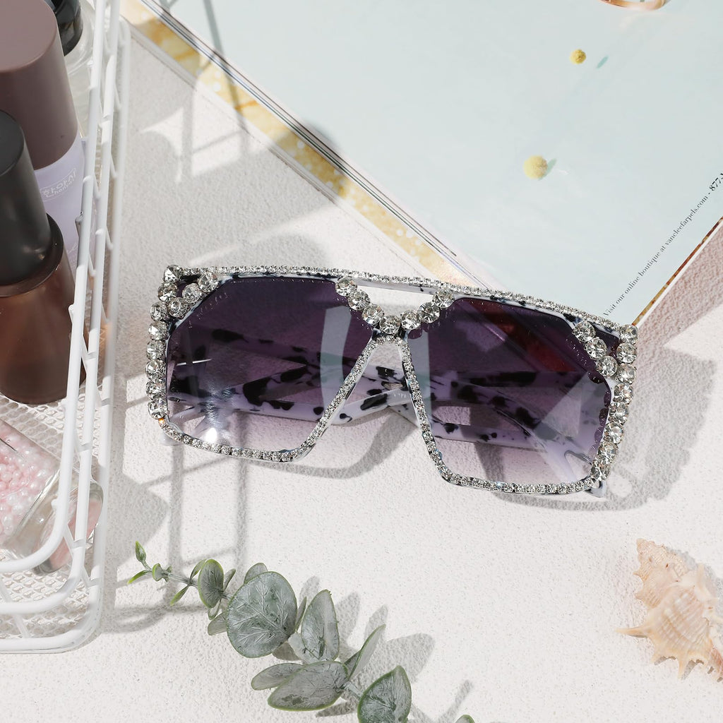 YOGFIT Oversized Square Diamond Sunglasses for Women Fashion Sparkling Crystal Retro Disco Sunglasses