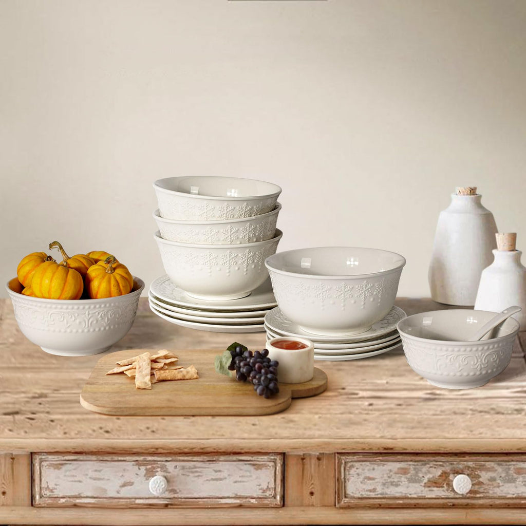 Large Salad Bowls Set of 4, 60oz White Serving Bowls Deep Deep Embossed Ceramic Mixing Bowl for Soup Kitchen, Eating, Ramen, Pasta, Dishwasher & Microwave Safe 8 inch (Multiple Patterns)