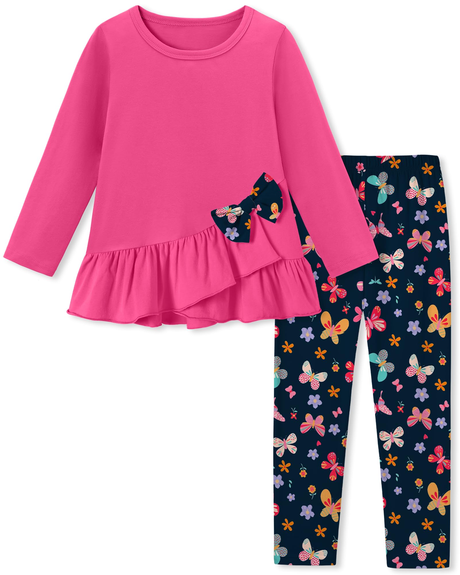 Toddler Girl Clothes 18M-8T Girls Fall Winter Outfit, Long Sleeve Ruffle Bowknot Top + Floral Pants 2Pcs Clothing Set
