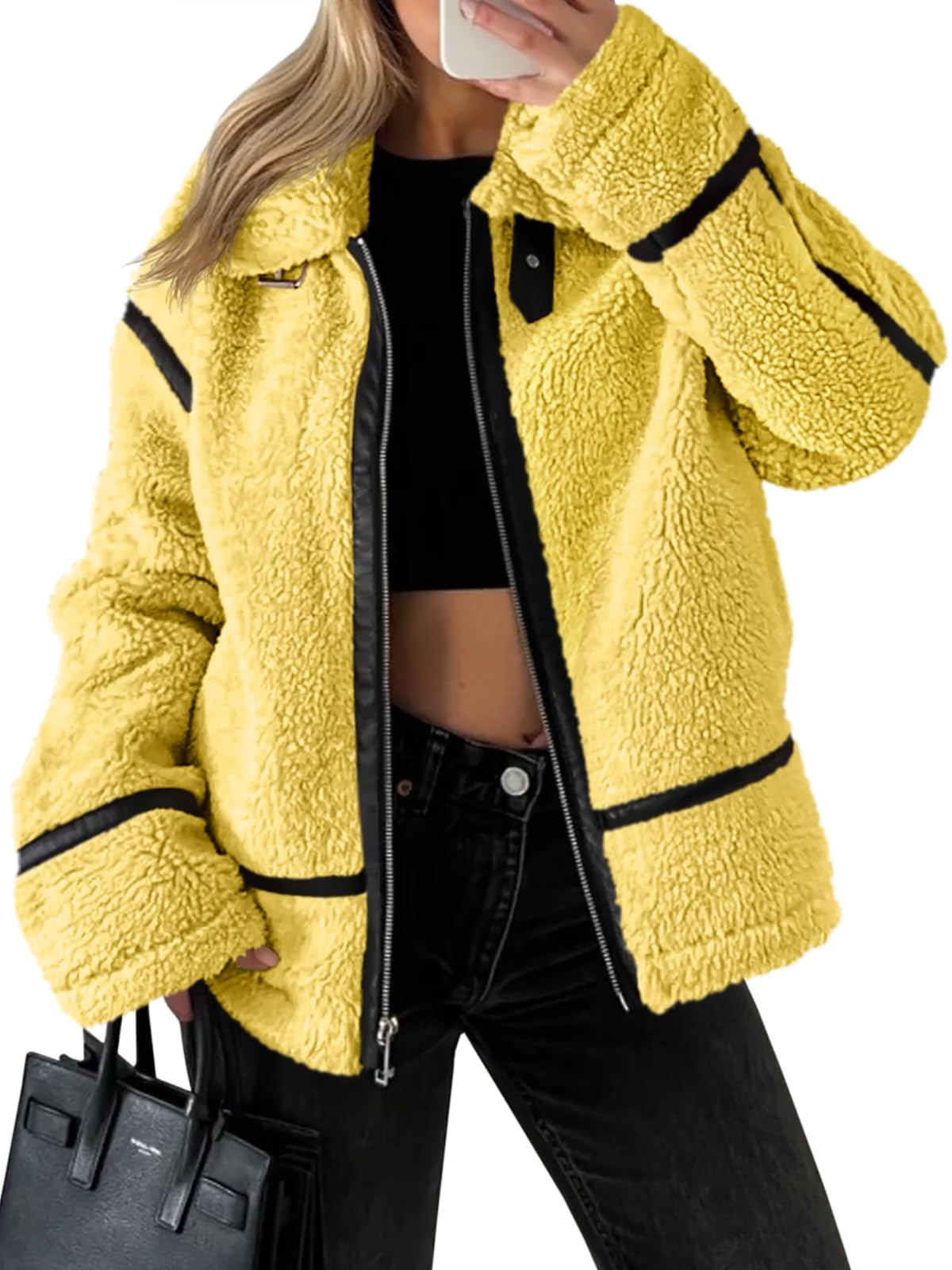 Tankaneo Womens Faux Fur Jackets Winter Trendy Sherpa Moto Leather Patchwork Zip Up Coat
