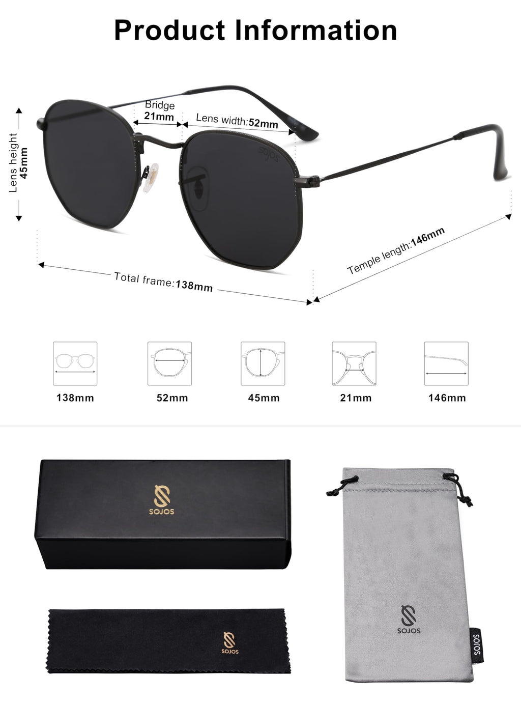 SOJOS Square Polarized Sunglasses for Women Men Small Hexagonal Polygon Shades SJ1072