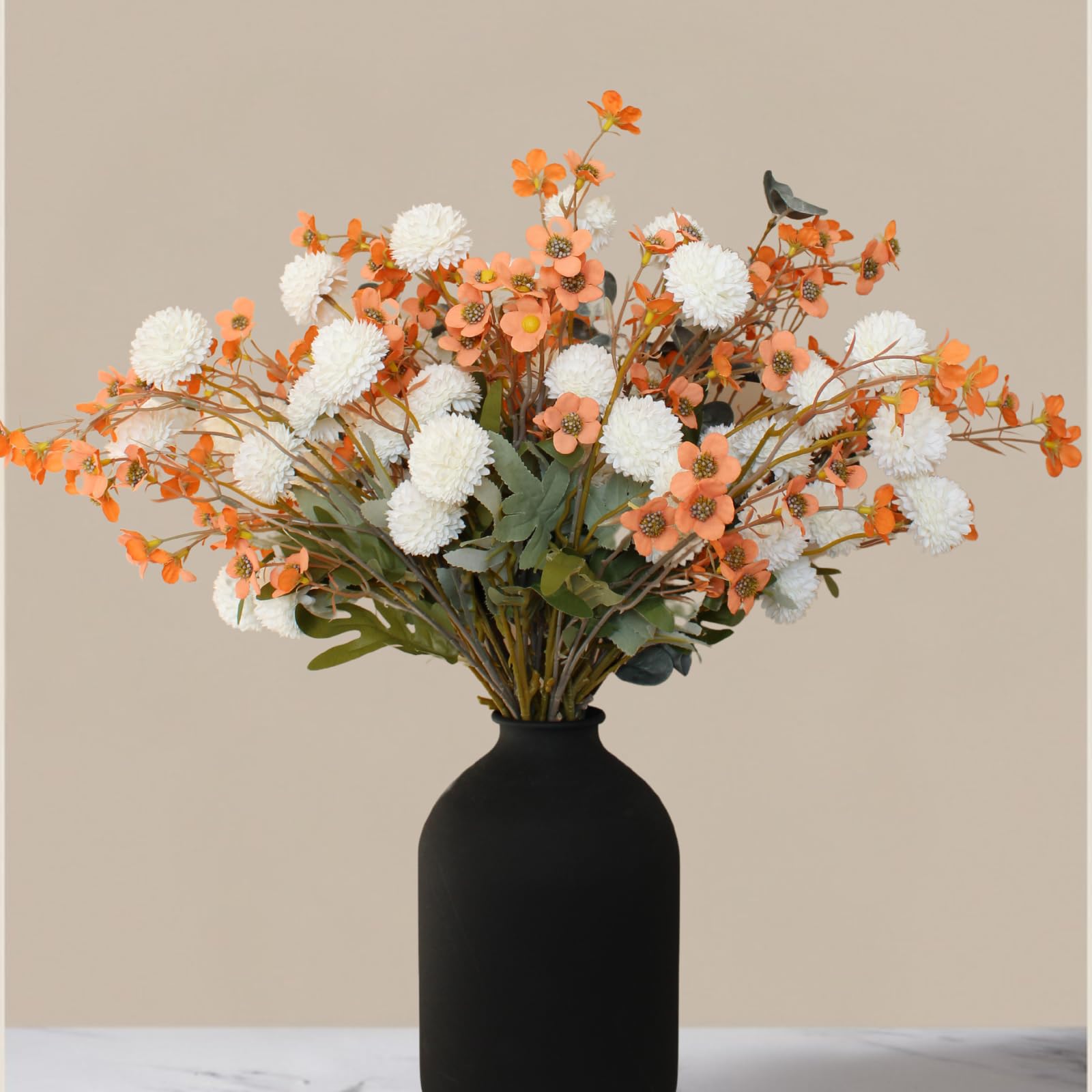 Fall Flowers, Burnt Orange Faux Kiku Flowers Artificial 10 Stems + Eucalyptus, Fake Silk Mums Fall Floral Centerpiece, Autumn Decor, Terracotta Mini Balls Faux Stems For Vase, Decoración de Otoño