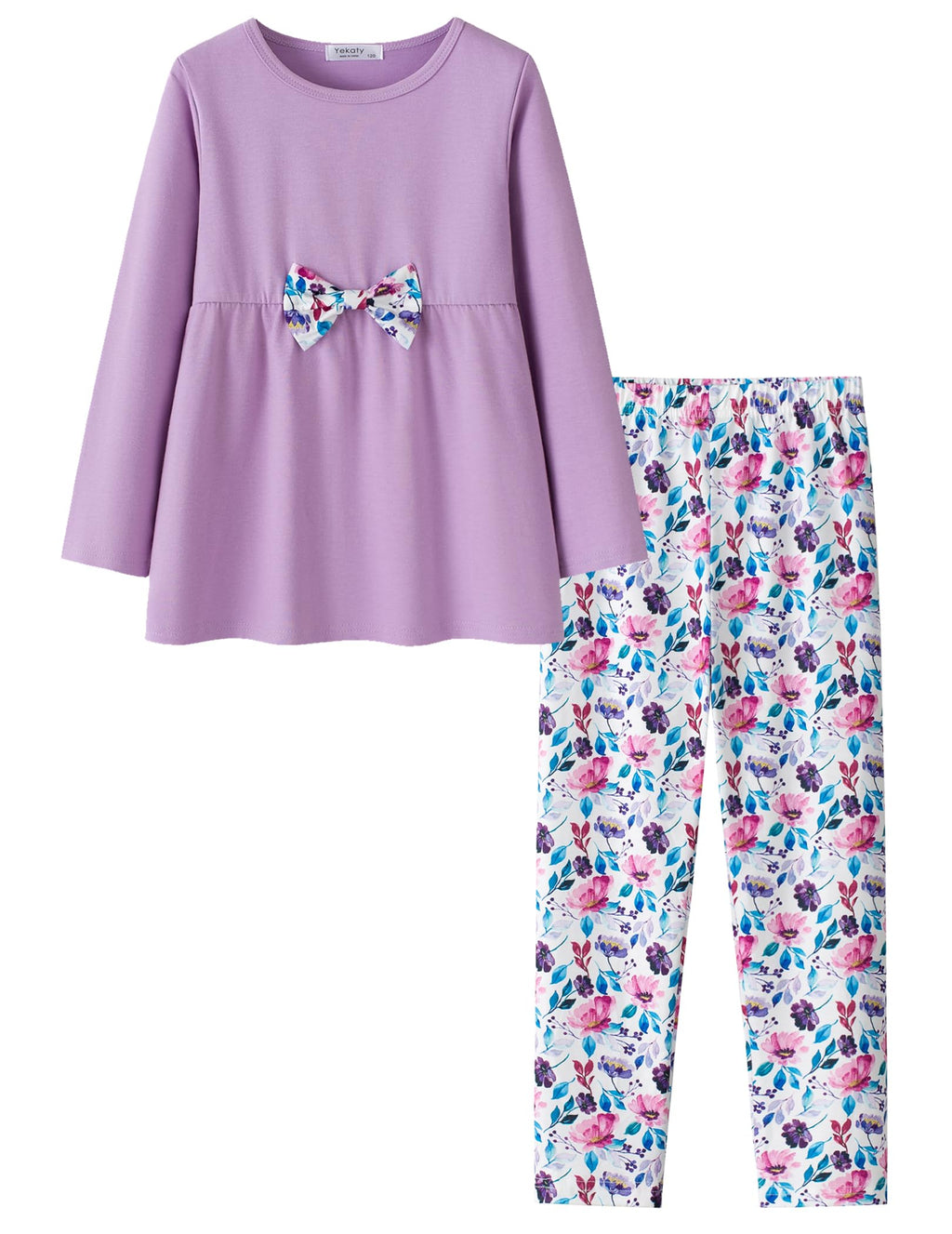 Yekaty Girls Clothing Set 2 Pcs Floral Soft Crewneck Long Sleeve Top+Leggings Loose Outfits With Bowknot