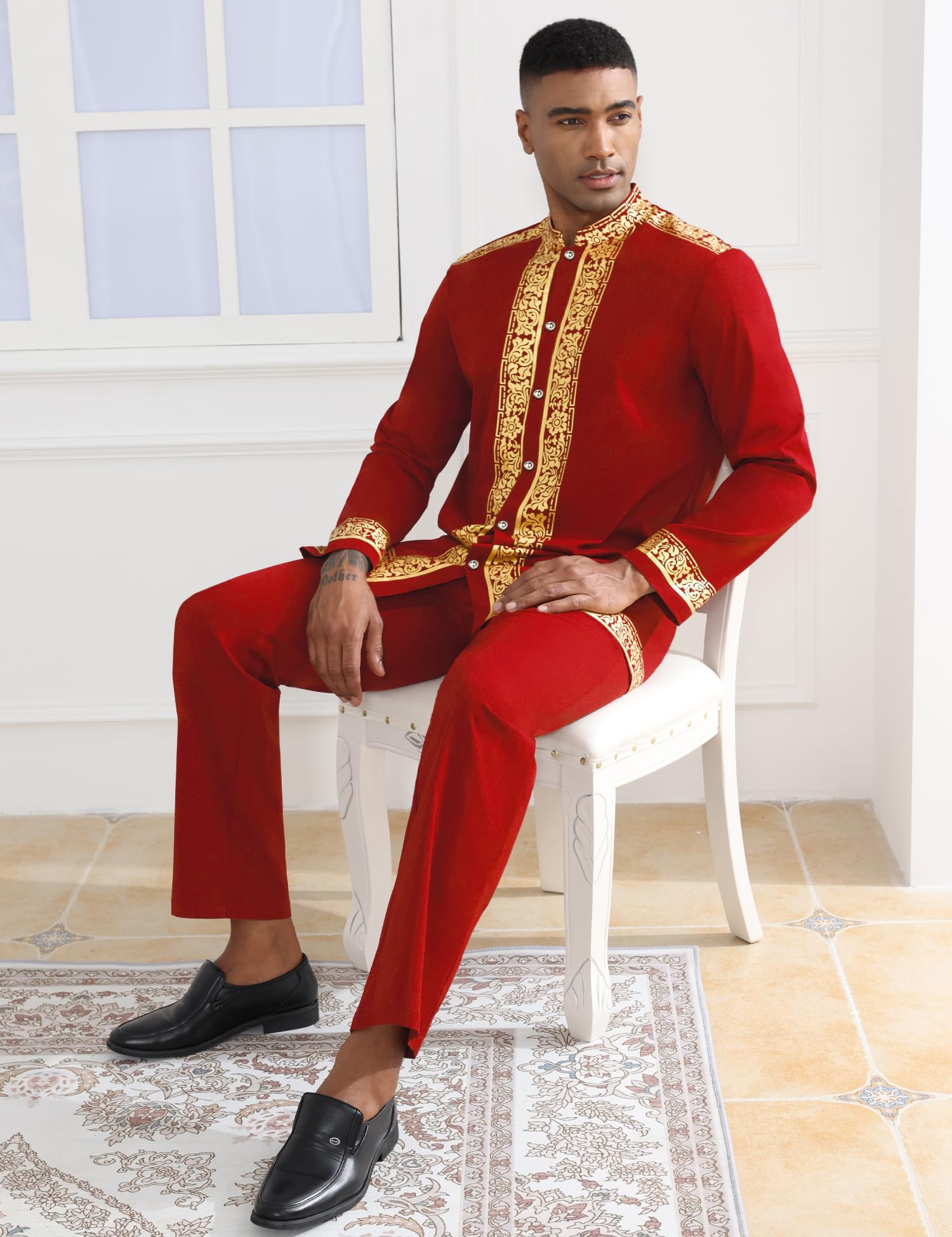 Mens African 2 Piece Set Nigerian Dashiki Metallic Traditional Suit Gold Stamp Printed Shirt and Pants Outfit