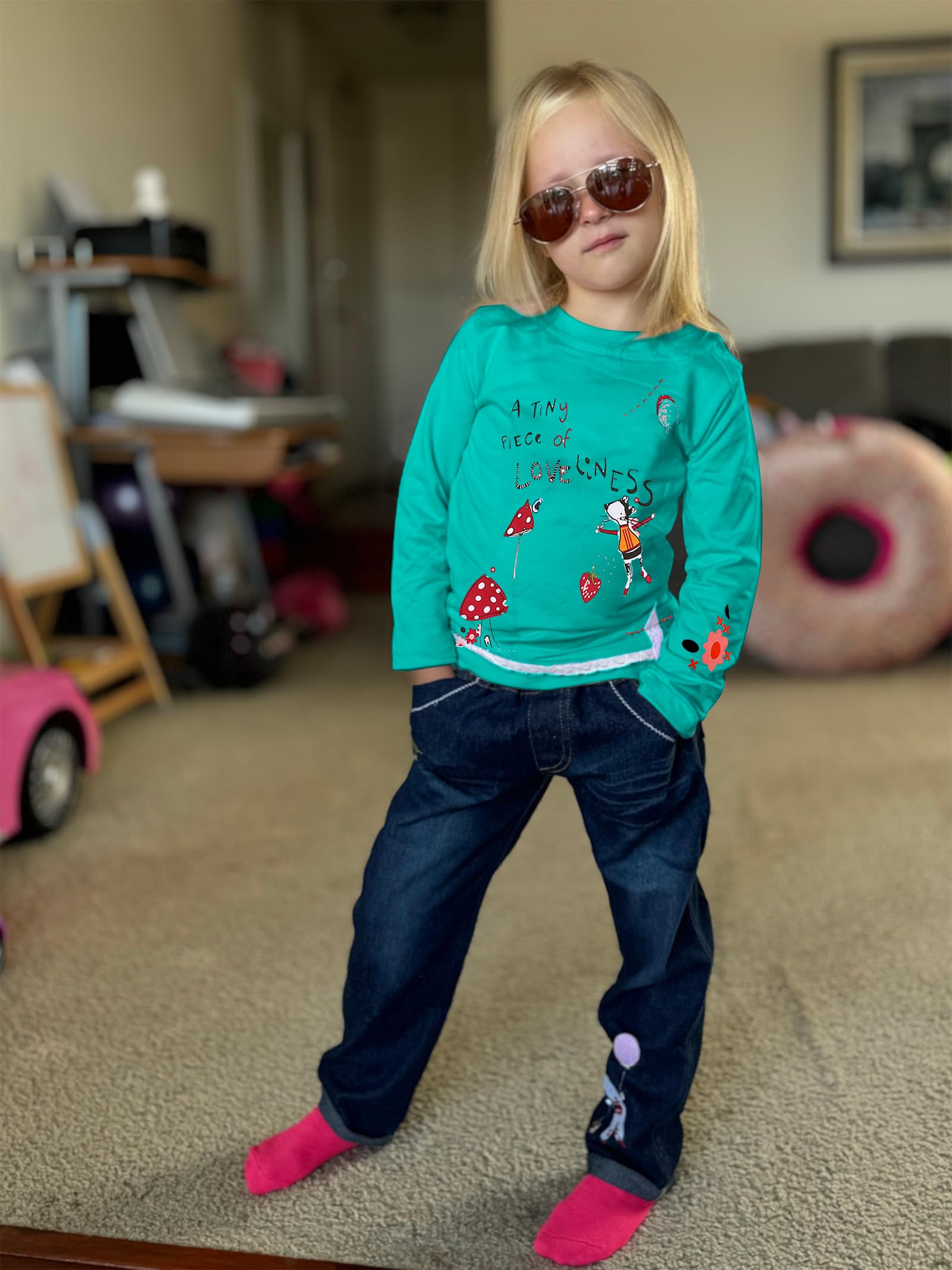 LUKYCILD Toddler Girl Clothes Baby Girl Long Sleeve Top + Jeans Pants with Pockets 2 Piece Outfit Cartoon Clothing Set