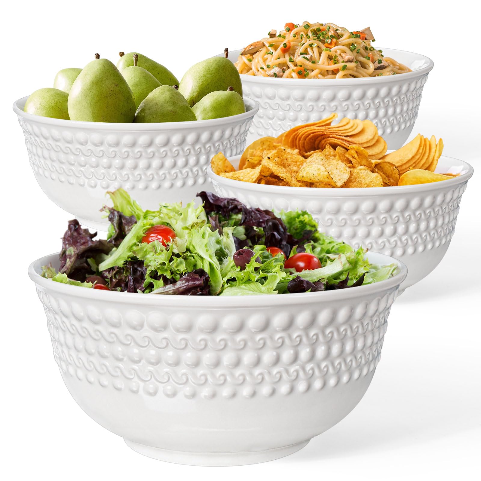 Large Salad Bowls Set of 4, 60oz White Serving Bowls Deep Deep Embossed Ceramic Mixing Bowl for Soup Kitchen, Eating, Ramen, Pasta, Dishwasher & Microwave Safe 8 inch (Multiple Patterns)