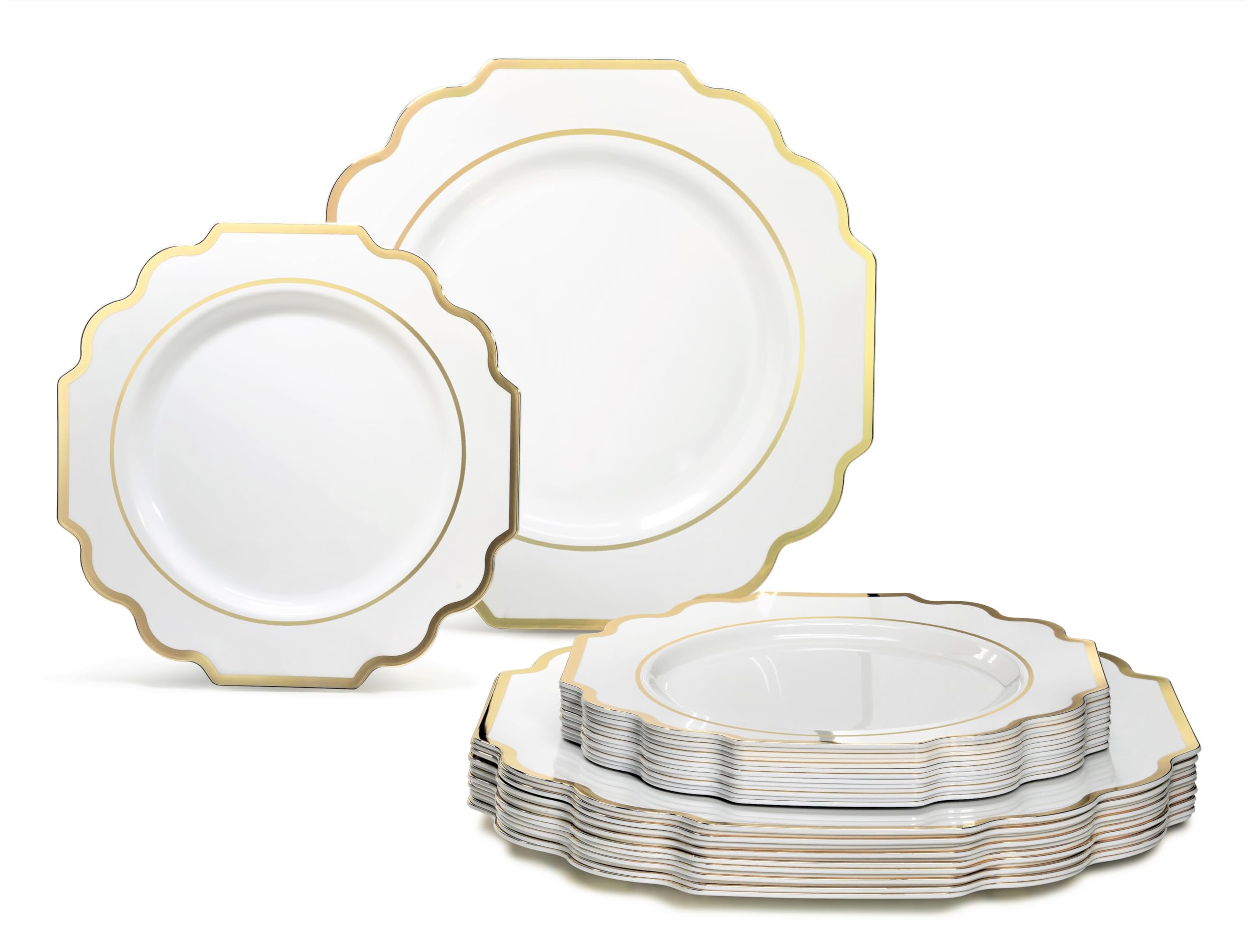 " OCCASIONS " 50 Plates Pack (25 Guests)-Heavyweight Wedding Party Disposable Plastic Plate Set -(25x10.5'' Dinner + 25x8'' Salad/Dessert) (Imperial White & Gold)