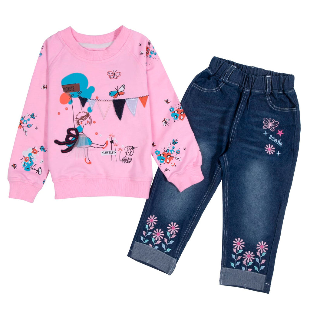 LUKYCILD Toddler Girl Clothes Baby Girl Long Sleeve Top + Jeans Pants with Pockets 2 Piece Outfit Cartoon Clothing Set
