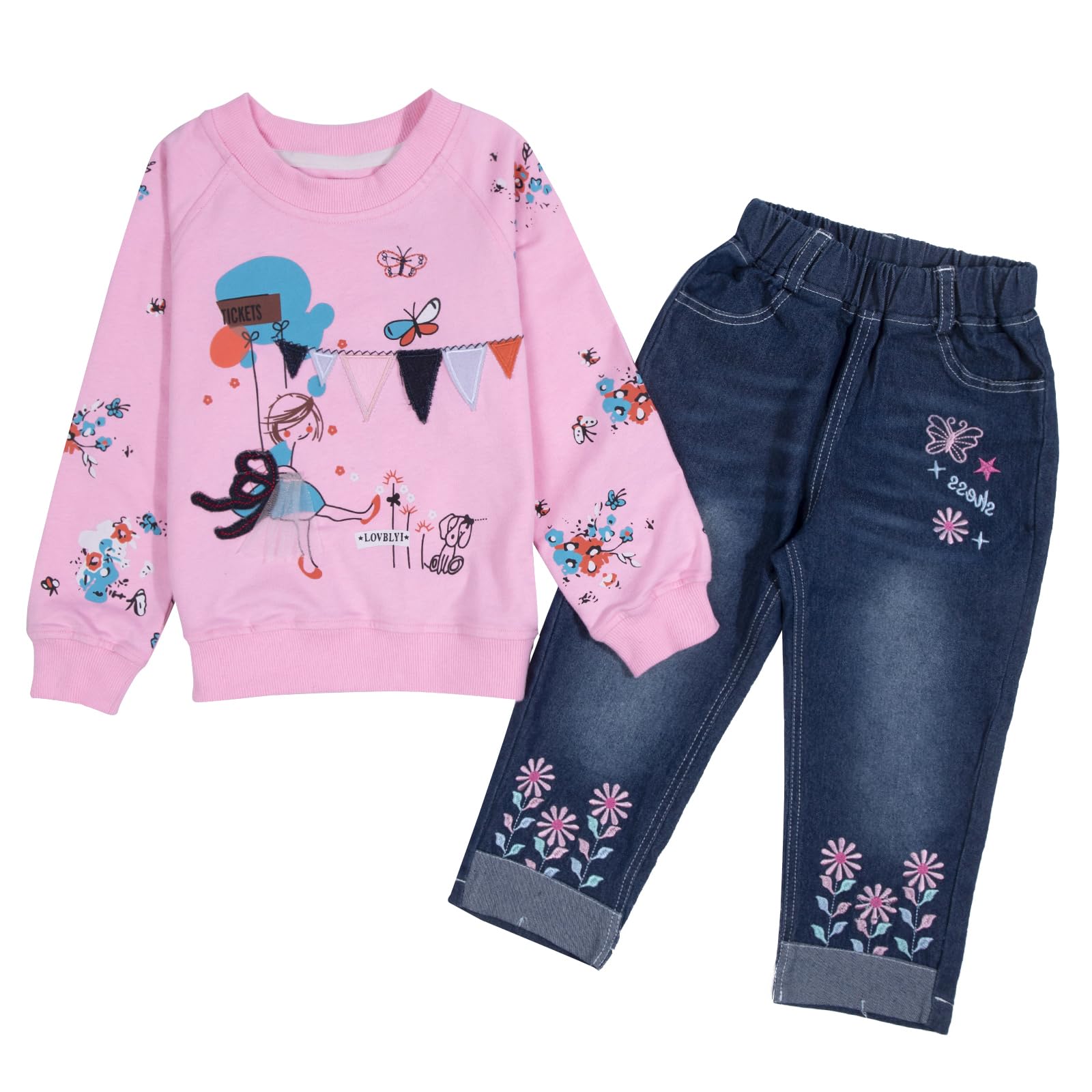 LUKYCILD Toddler Girl Clothes Baby Girl Long Sleeve Top + Jeans Pants with Pockets 2 Piece Outfit Cartoon Clothing Set