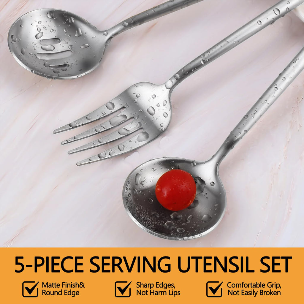 Gold Stainless Steel Serving Utensils Set, 5 Pcs - 10.8 Inch Serving Fork, 10.3 Inch Slotted Spoon, Sugar Spoon, Butter Knife for Buffet