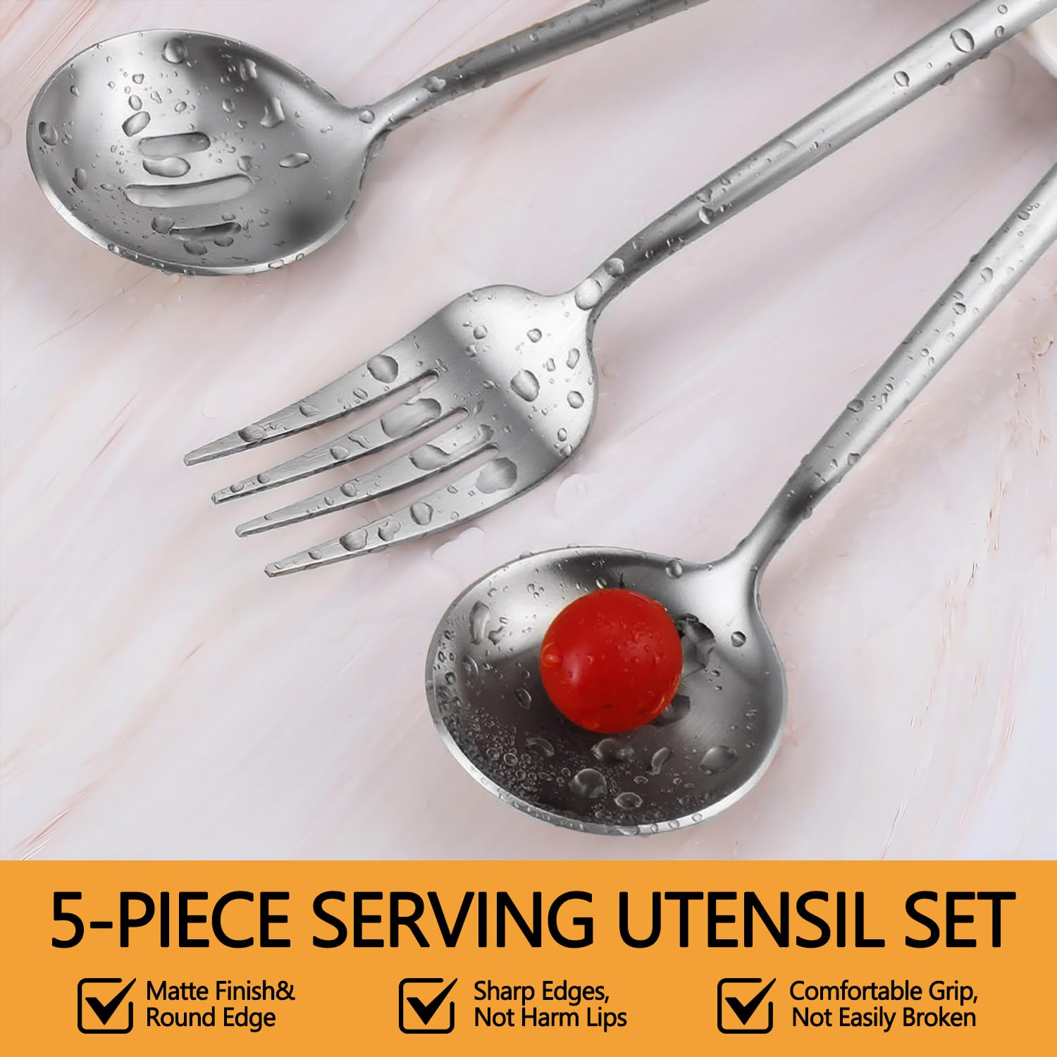 Gold Stainless Steel Serving Utensils Set, 5 Pcs - 10.8 Inch Serving Fork, 10.3 Inch Slotted Spoon, Sugar Spoon, Butter Knife for Buffet
