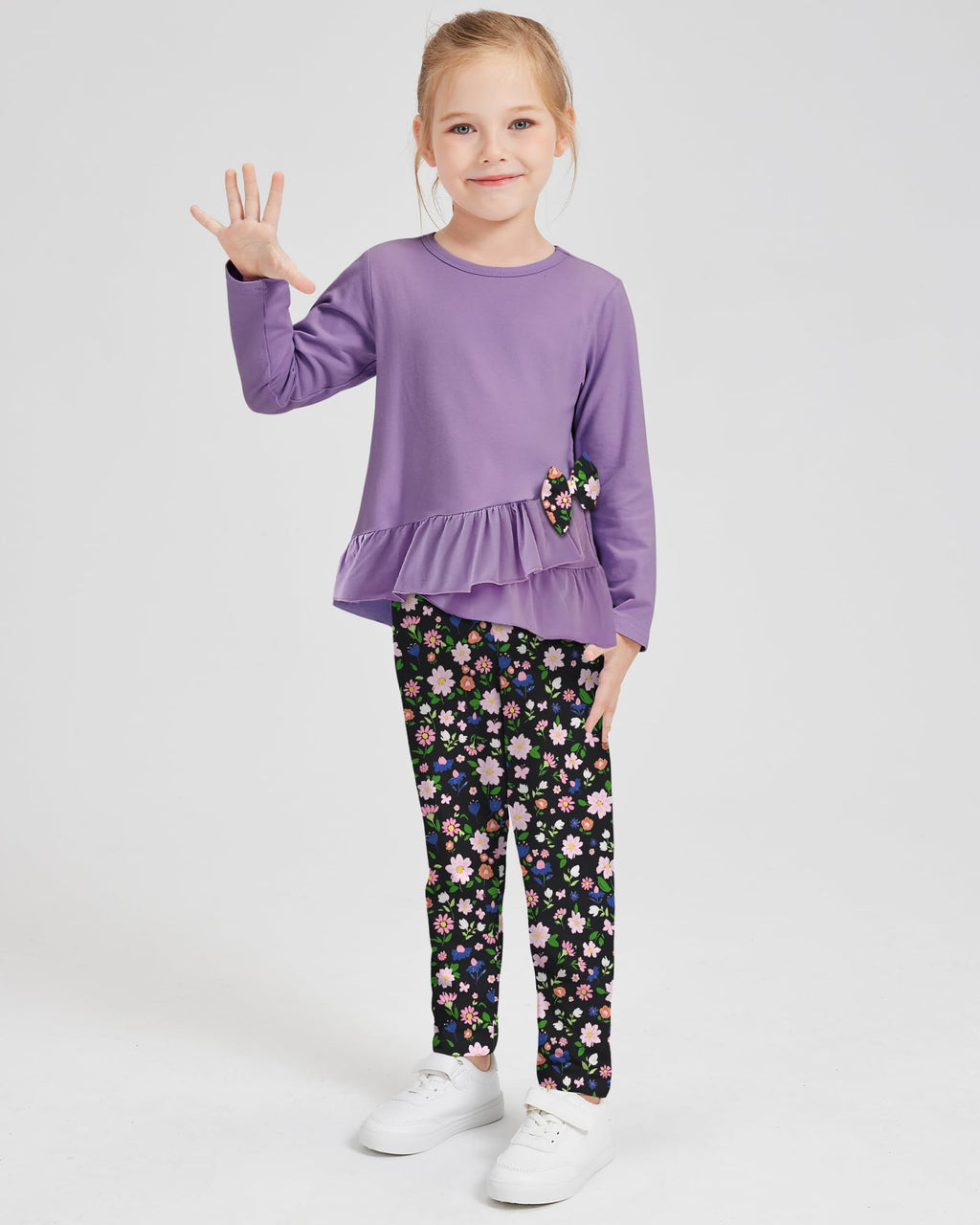 Toddler Girl Clothes 18M-8T Girls Fall Winter Outfit, Long Sleeve Ruffle Bowknot Top + Floral Pants 2Pcs Clothing Set