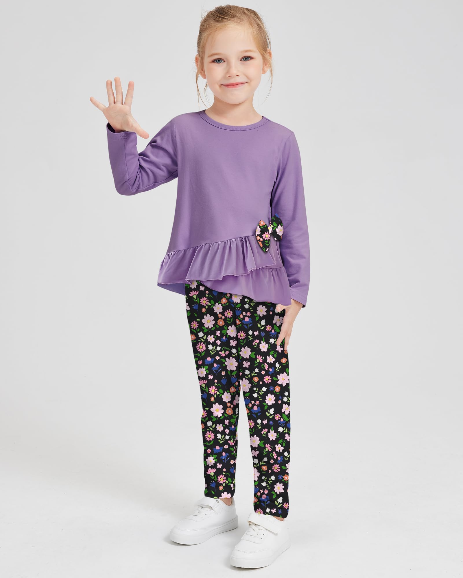 Toddler Girl Clothes 18M-8T Girls Fall Winter Outfit, Long Sleeve Ruffle Bowknot Top + Floral Pants 2Pcs Clothing Set