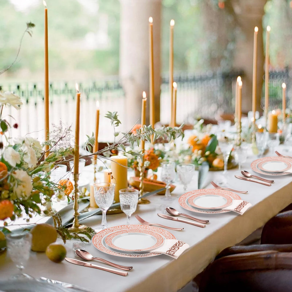 700PCS Gold Plastic Dinnerware Set for 100 Guests, Disposable Plates for Party, Include 100 Gold Dinner Plates, 100 Dessert Plates, 100 Set Silverware, 100 Cups, 100 Napkins