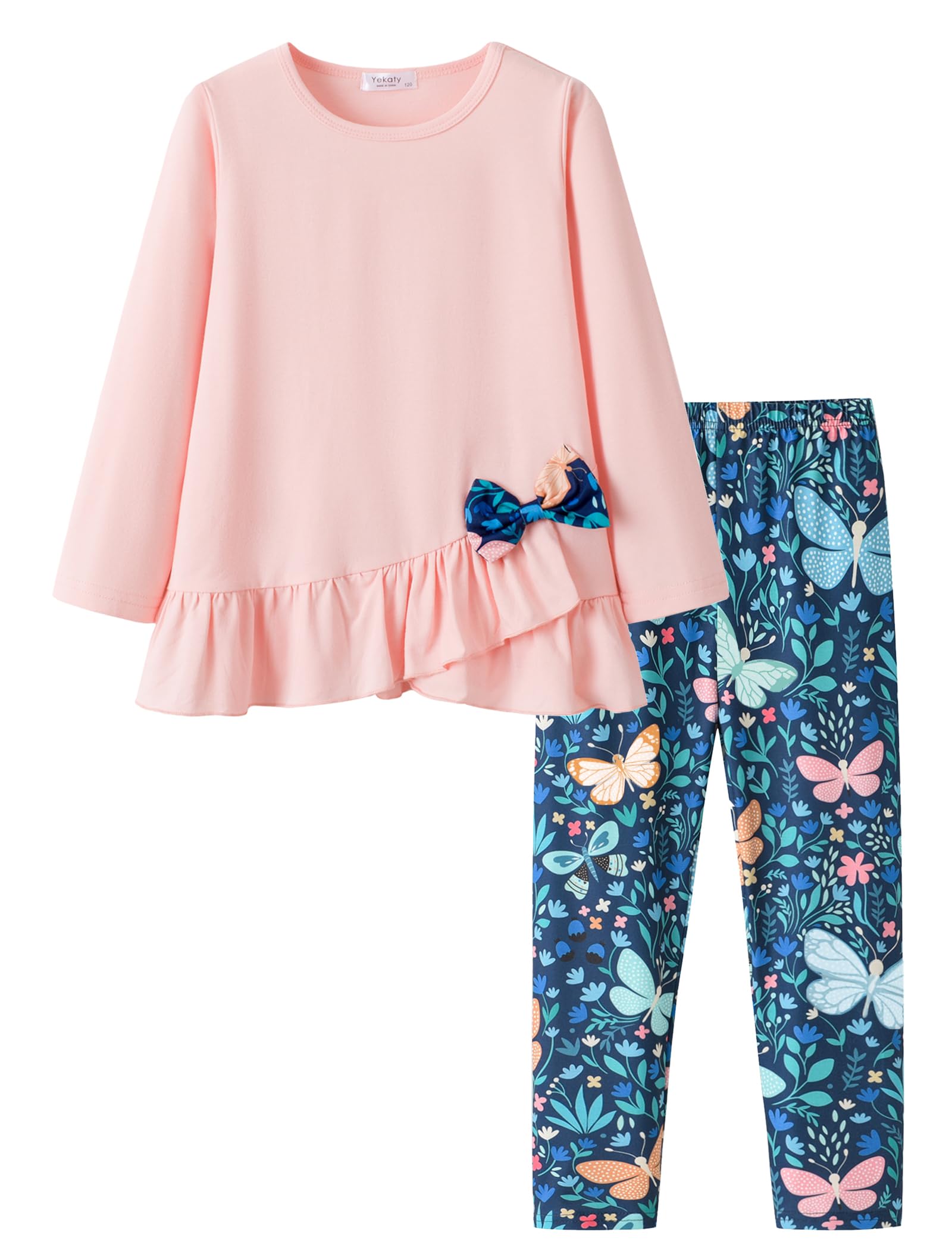 Yekaty Girls Clothing Set 2 Pcs Floral Soft Crewneck Long Sleeve Top+Leggings Loose Outfits With Bowknot