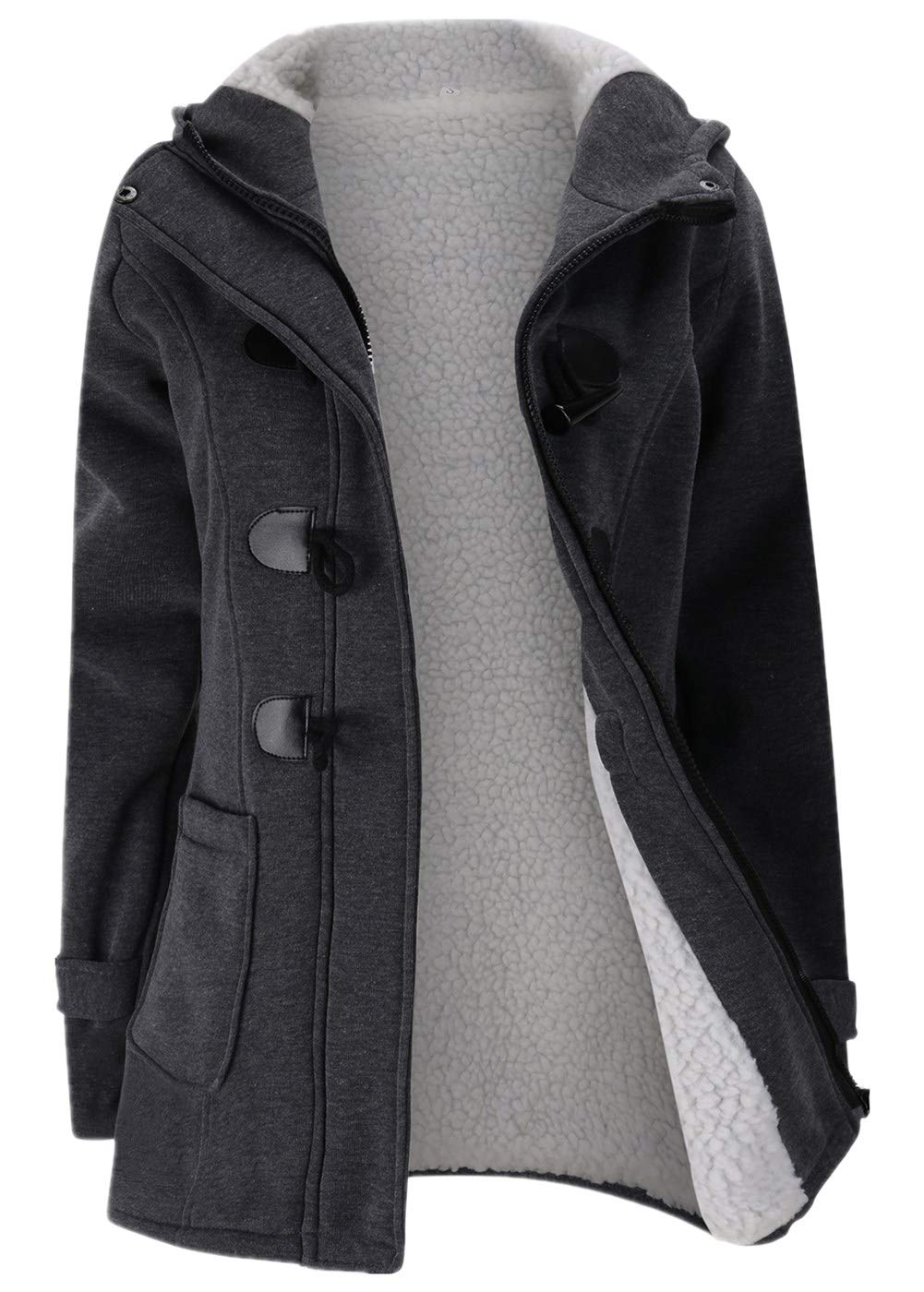 JiangWu Womens Fashion Horn Button Fleece Thicken Coat with Hood Winter Warm Jacket