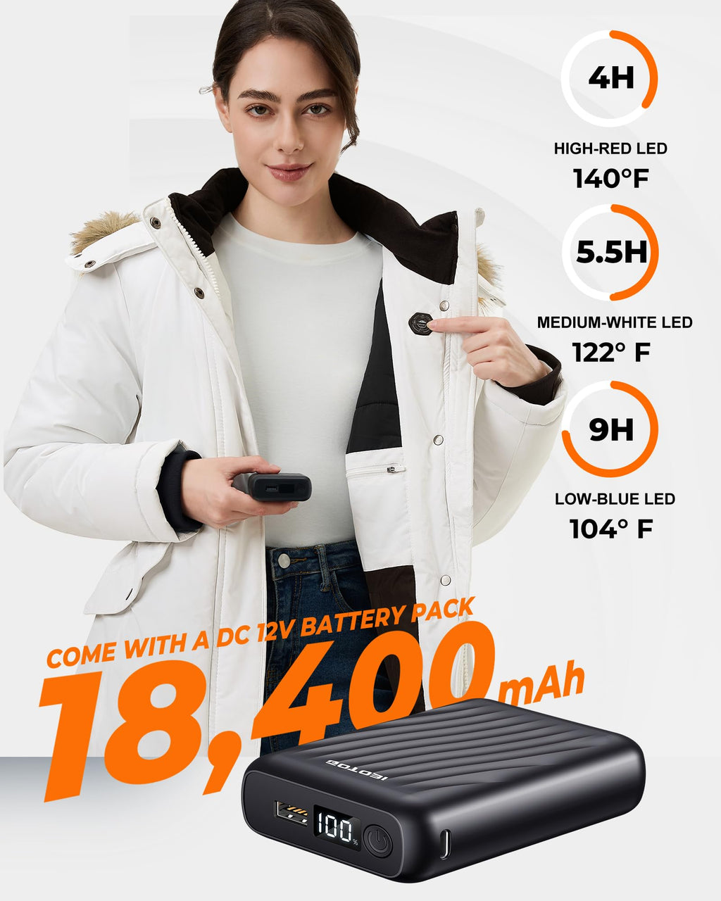 Graphene Long Heated Jacket for Women with 18400mAh 12V Battery Pack, Womens Parka Coat with Faux Fur Detachable Hood