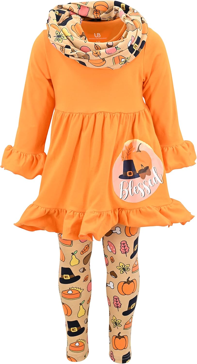 Unique Baby Girls Kids Toddler 3pc Outfit Set Long Sleeve Cotton Blend Tunic Top Leggings and Scarf