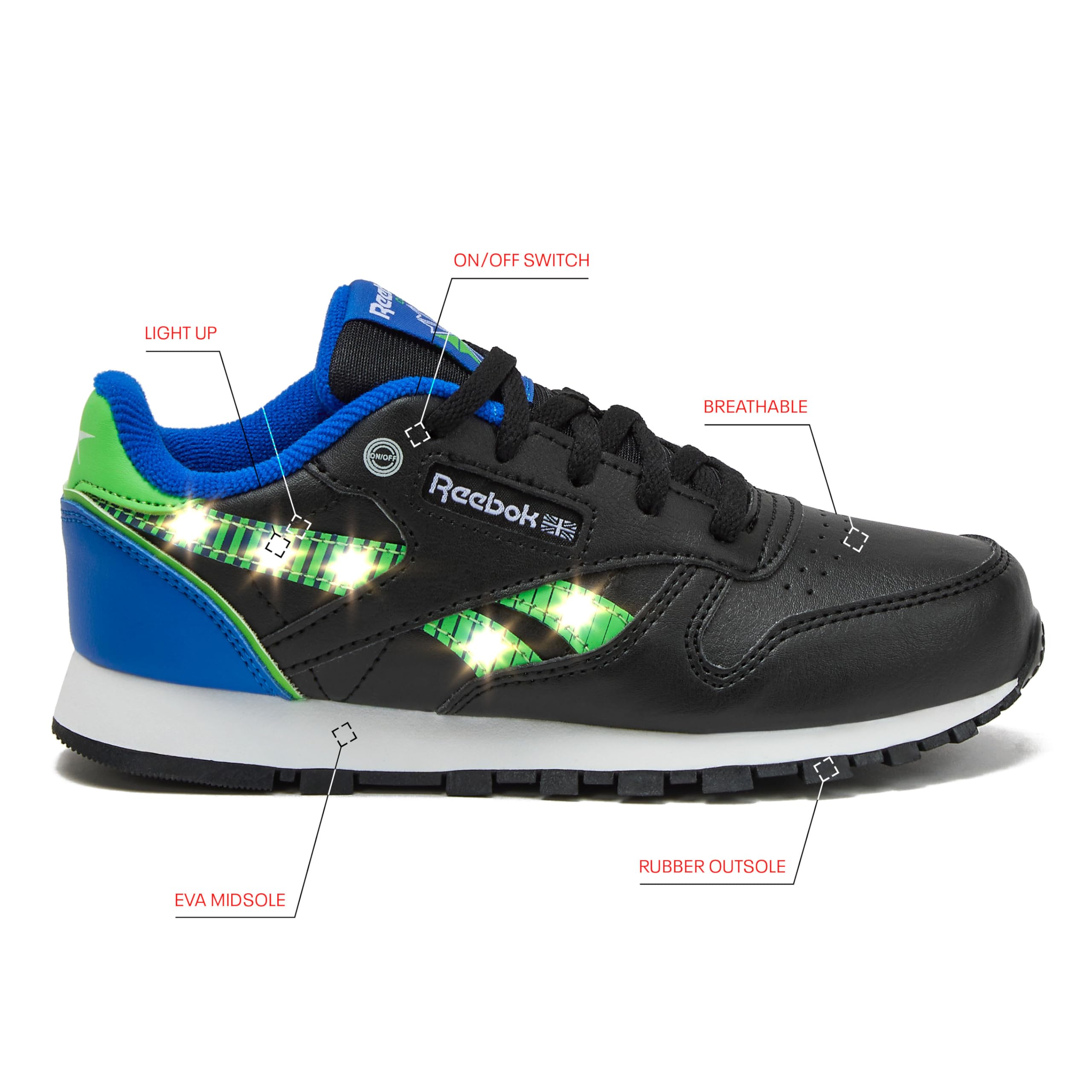 Reebok Classic Leather Step N Flash 2.0 LED Light Up Boys and Girls Sneakers, Lightweight Tennis or Athletic Shoes, Little Kids and Toddler Size 11-3