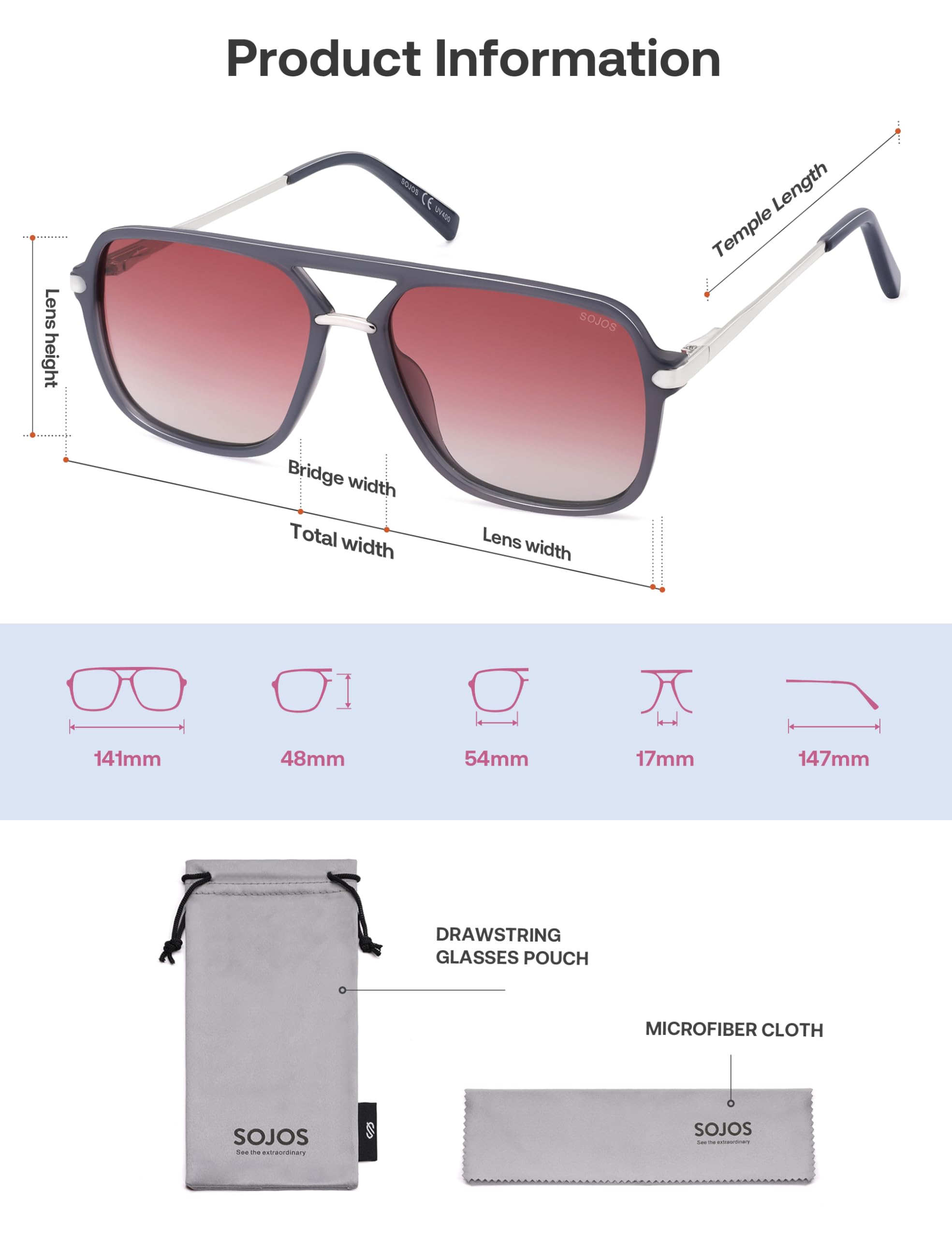 SOJOS Sunglasses for Women & Men, Square, Retro, Polarized Lens, Trendy Aviator, 90s Shades