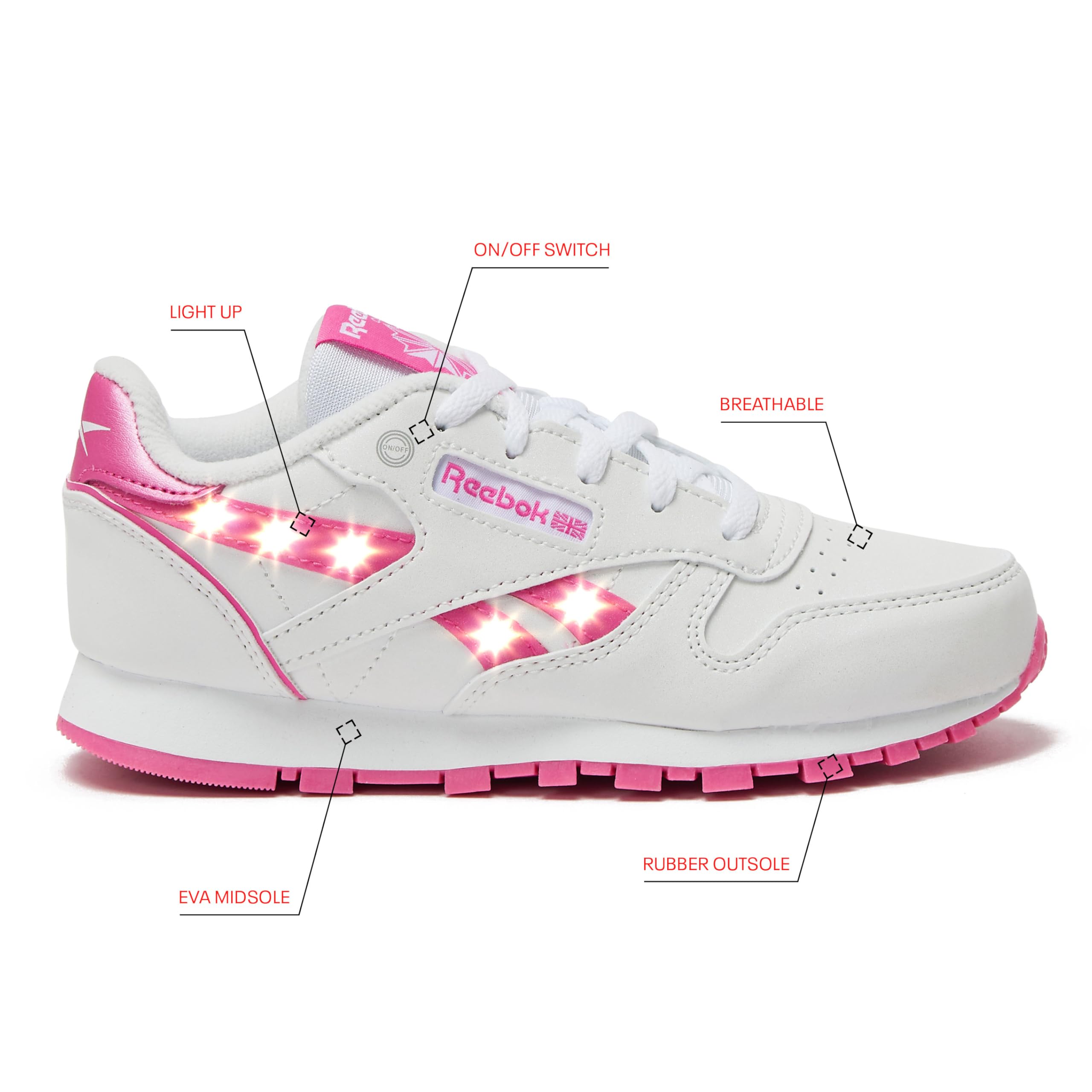 Reebok Classic Leather Step N Flash 2.0 LED Light Up Boys and Girls Sneakers, Lightweight Tennis or Athletic Shoes, Little Kids and Toddler Size 11-3