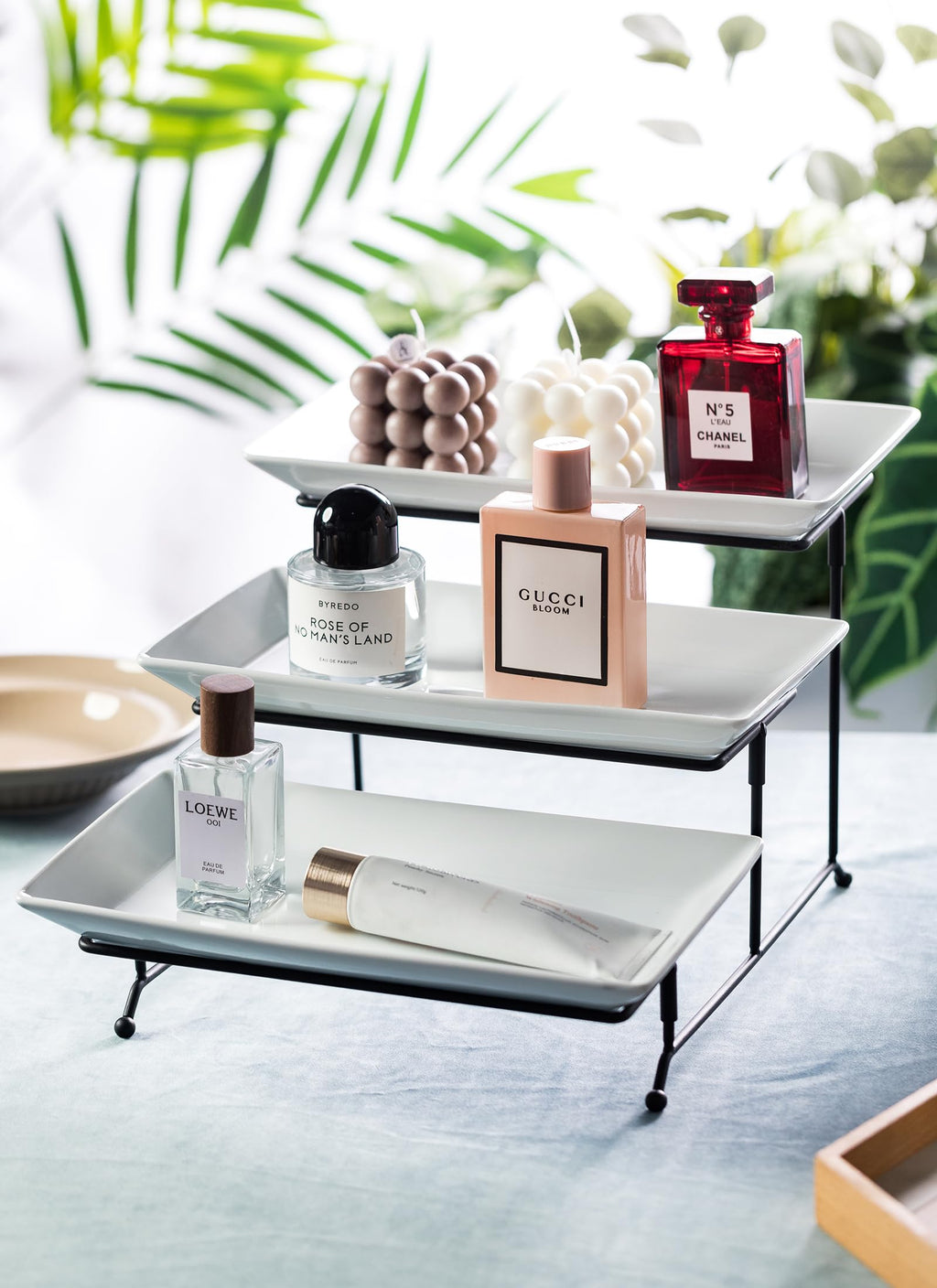 LYEOBOH 3 Tier Serving Bowls Set with Collapsible Thicker Metal Stand, Oval Serving Dishes for Entertaining Tiered Serving Stand for Fruit, Dessert, Candy, Chip and Dip (Black)