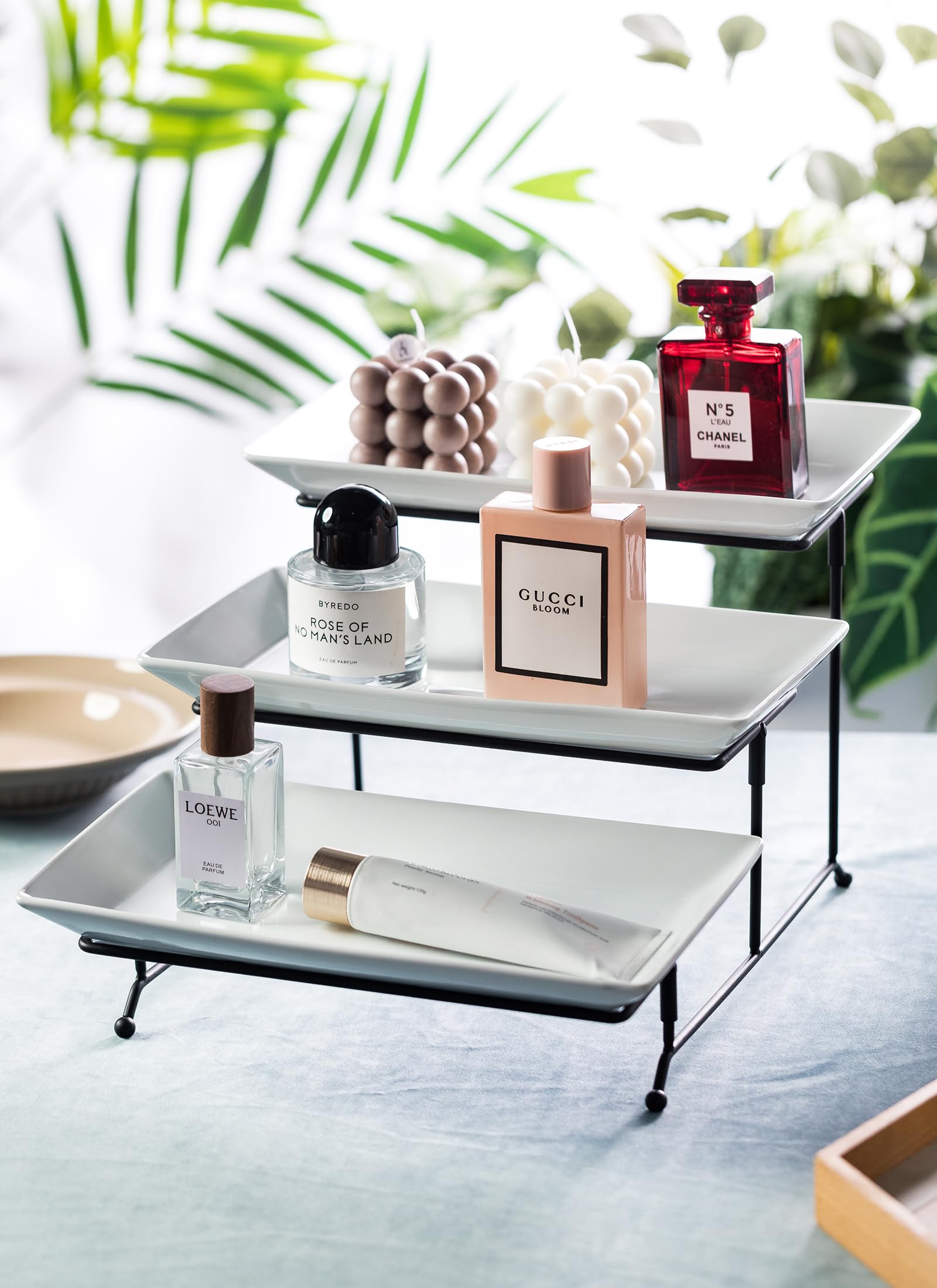 LYEOBOH 3 Tier Serving Bowls Set with Collapsible Thicker Metal Stand, Oval Serving Dishes for Entertaining Tiered Serving Stand for Fruit, Dessert, Candy, Chip and Dip (Black)