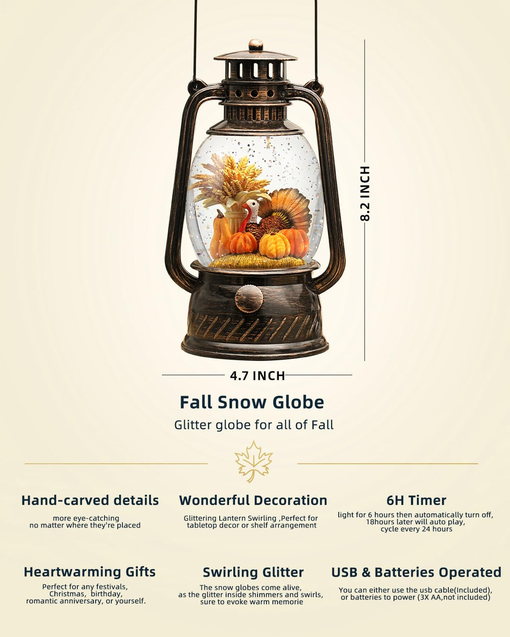 Fall Decor Snow Globe Thanksgiving Decoration Turkey Lantern Light-Up 6H Timer Halloween Pumpkin Glitter Autumn Scene Snow Globes Fall Decoration for Home