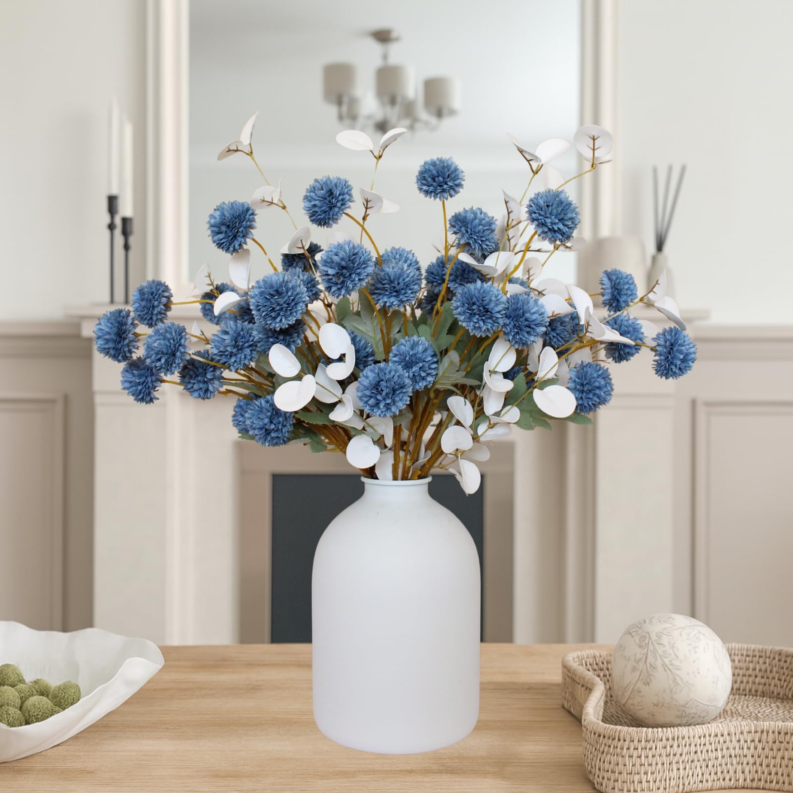 Fall Flowers, Burnt Orange Faux Kiku Flowers Artificial 10 Stems + Eucalyptus, Fake Silk Mums Fall Floral Centerpiece, Autumn Decor, Terracotta Mini Balls Faux Stems For Vase, Decoración de Otoño