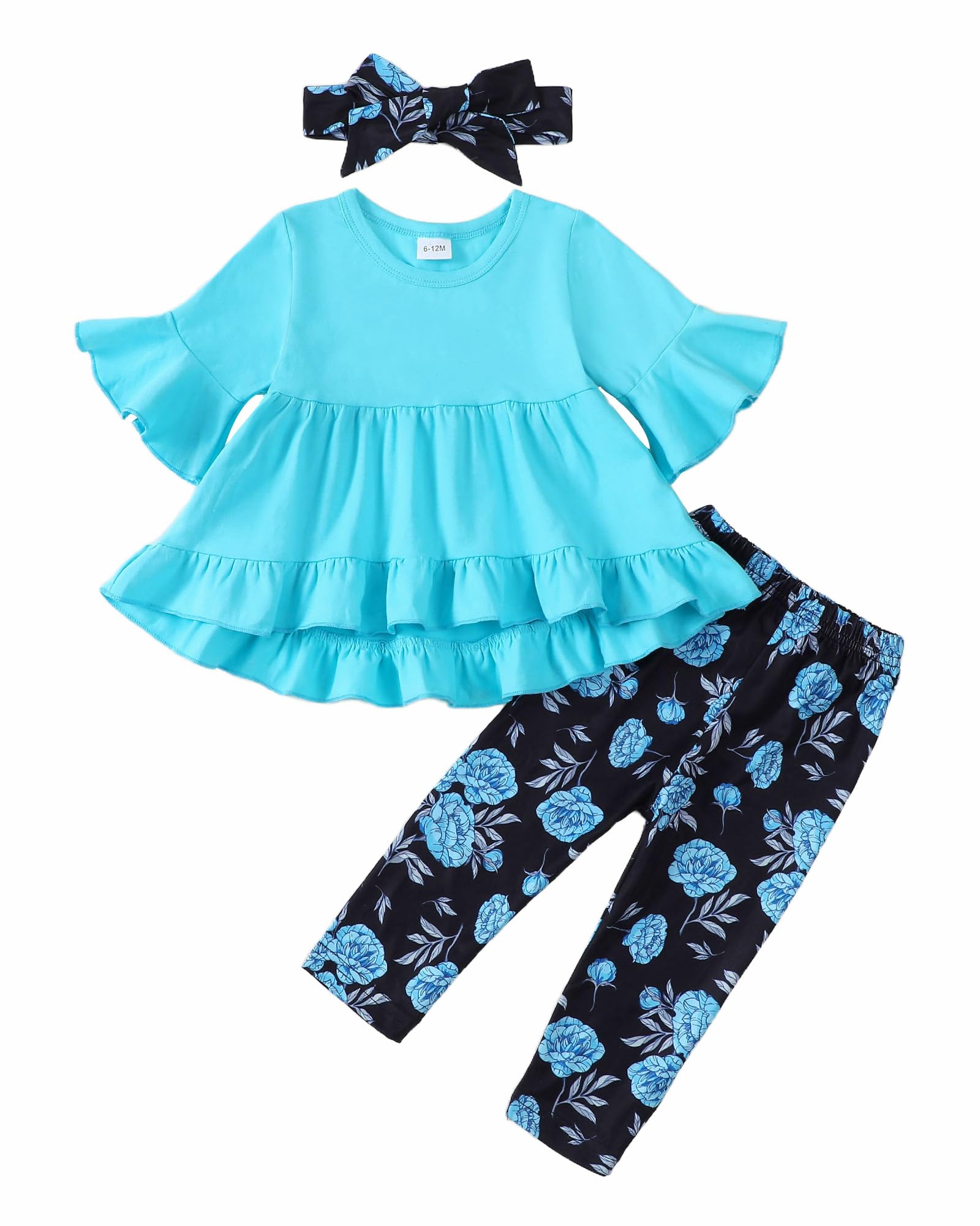 Kucnuzki Baby Girl Clothes Toddler Girl Outfit Ruffle Sleeve Shirt Floral Pant Set Fall Winter Clothing for Girl