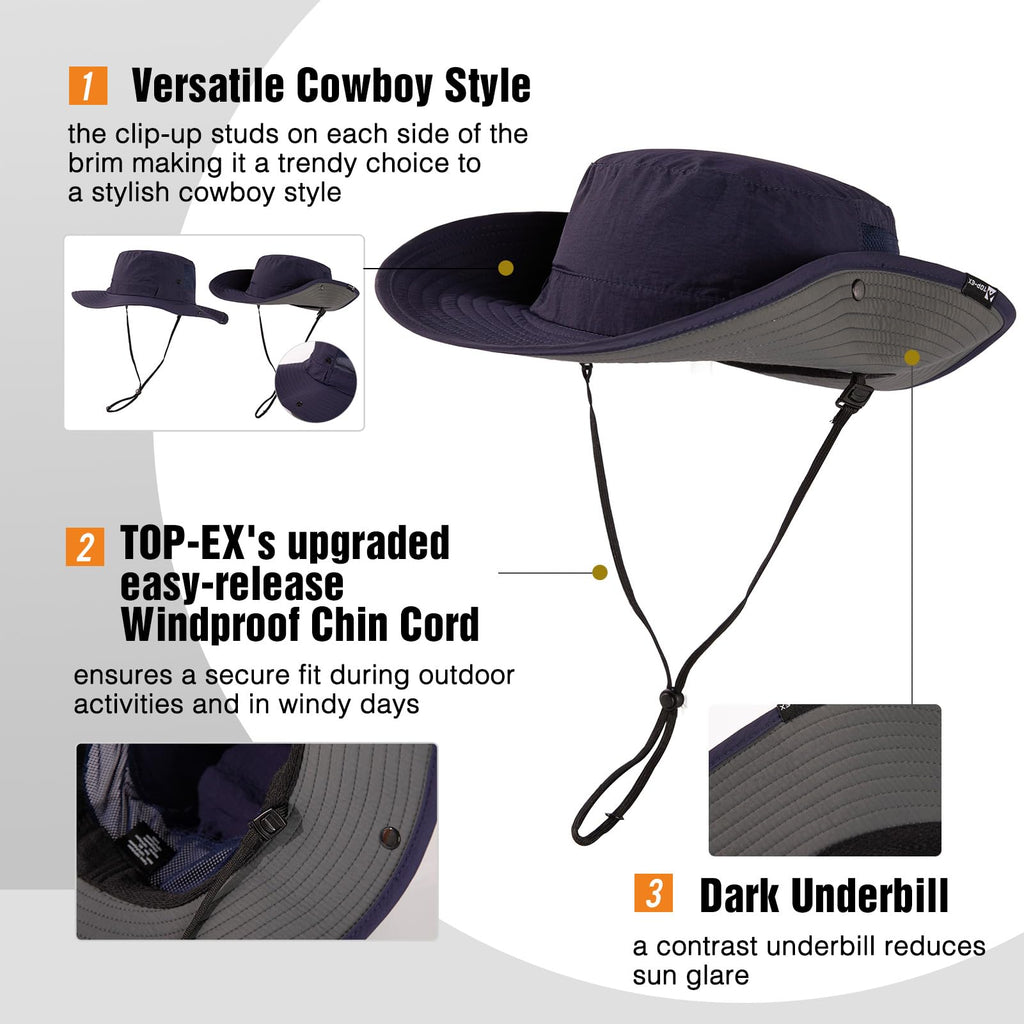 TOP-EX L/XL/XXL UV50+ Waterproof Wide Brim Bucket Sun Hat for Summer Fishing Hiking w/Detachable Strap & Vented Mesh