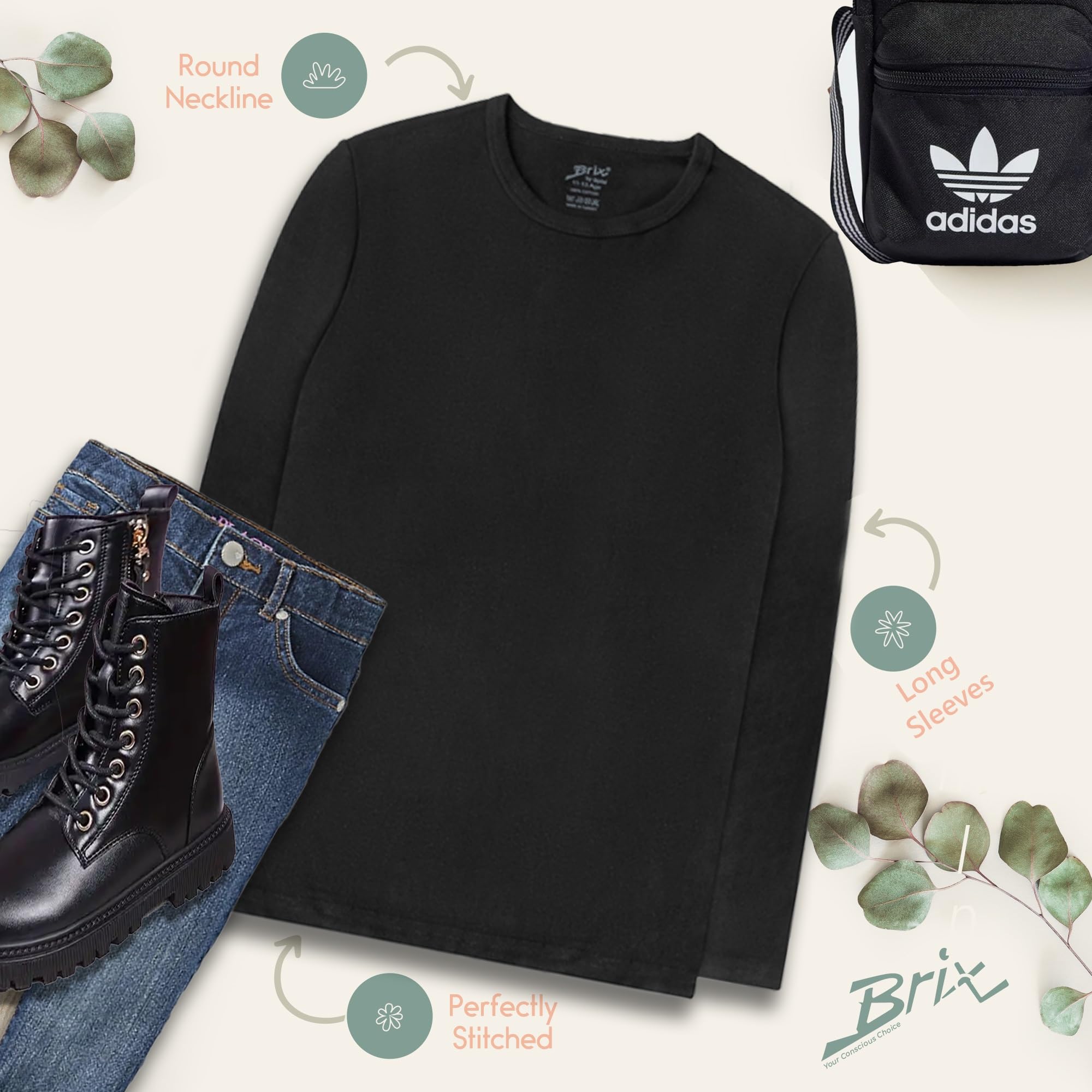 Brix Girls' Long Sleeve Tees - 100% Cotton Tagless 4 -Pack Crew Neck Super Soft Cotton T Shirts.