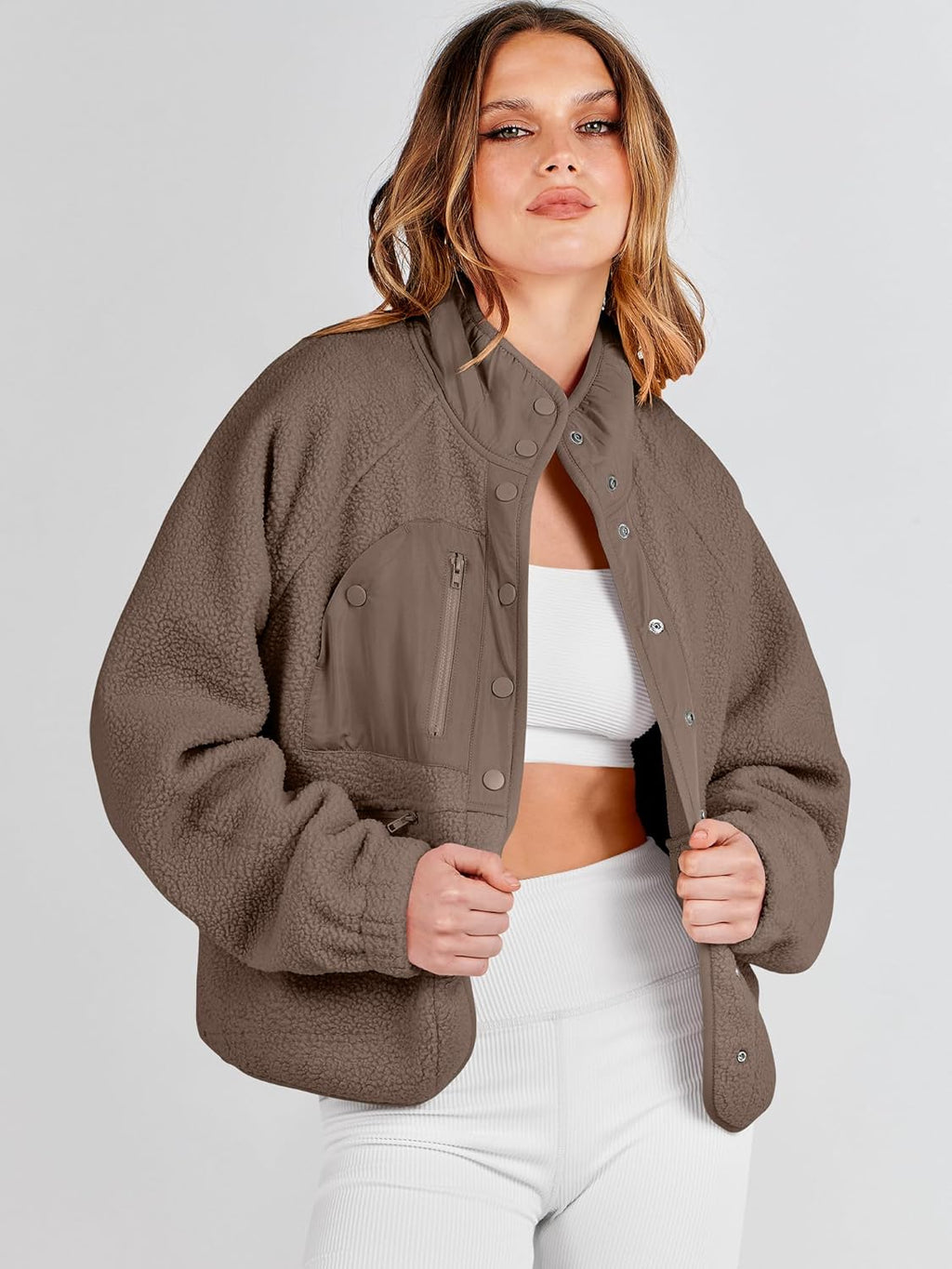 ANRABESS Womens Fuzzy Fleece Jacket Fall Casual Long Sleeve Cropped Sherpa Button Down Shacket Coats Outwear With Pockets