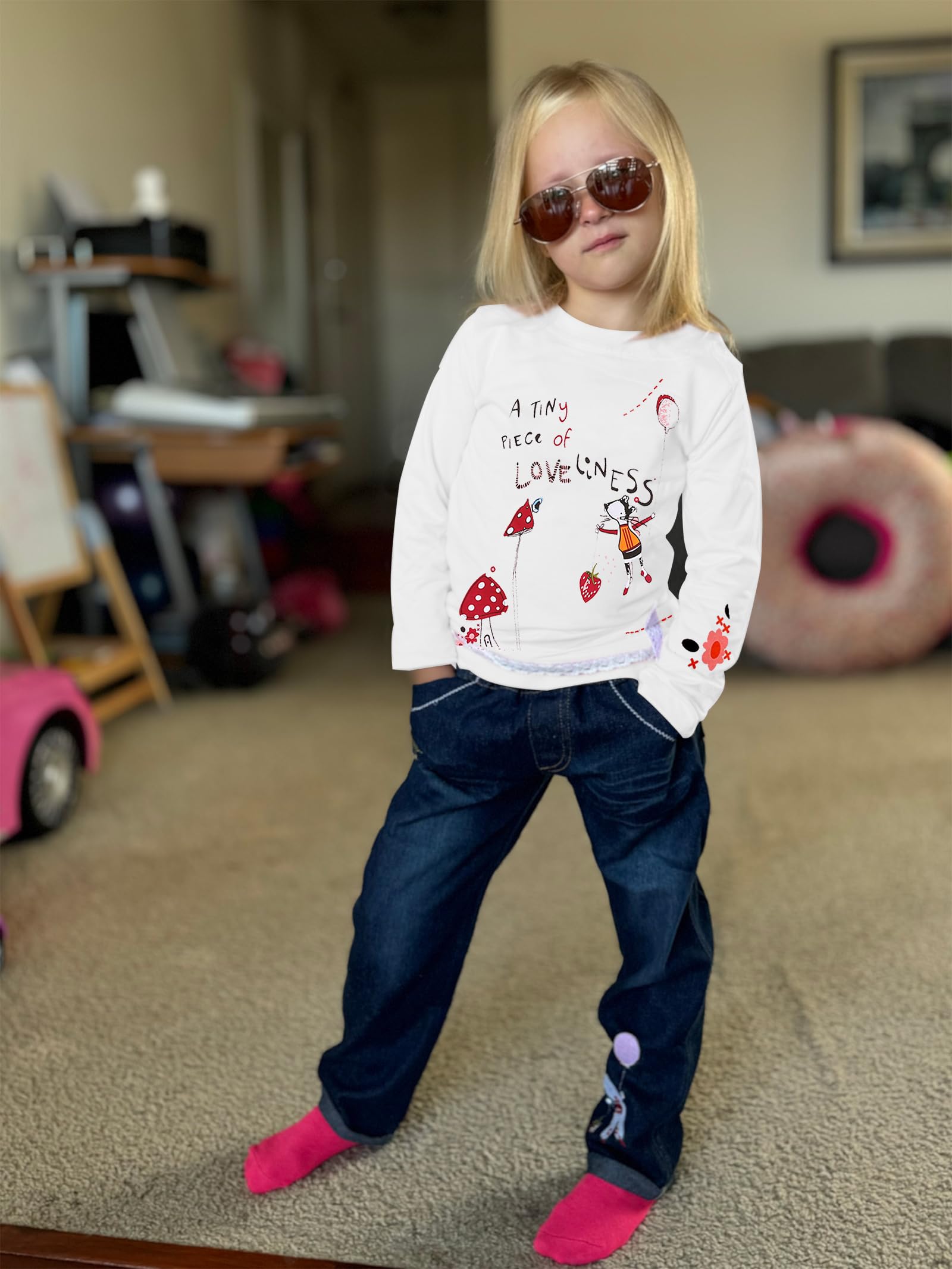 LUKYCILD Toddler Girl Clothes Baby Girl Long Sleeve Top + Jeans Pants with Pockets 2 Piece Outfit Cartoon Clothing Set