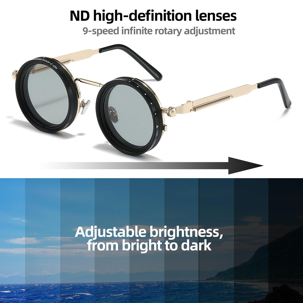 Adjustable Tint Sunglasses, 1-9 Gears Steampunk Retro Metal Round Polarized Glasses with ND Filter Lenses