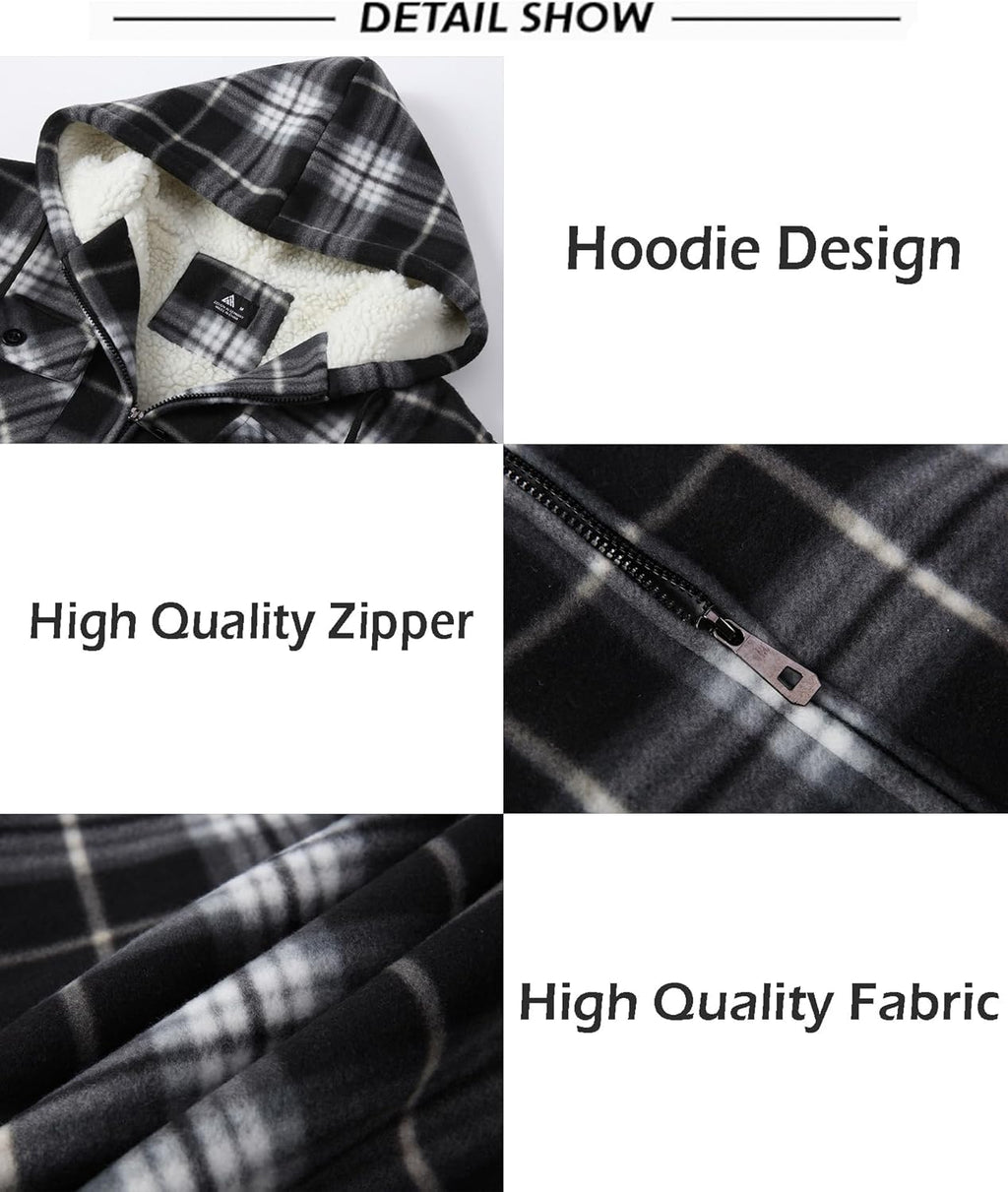 SCODI Men's Flannel Shirt Jacket Fleece Sherpa Lined Plaid Jackets Coat Full Zip Up Hoodie Winter Outwear