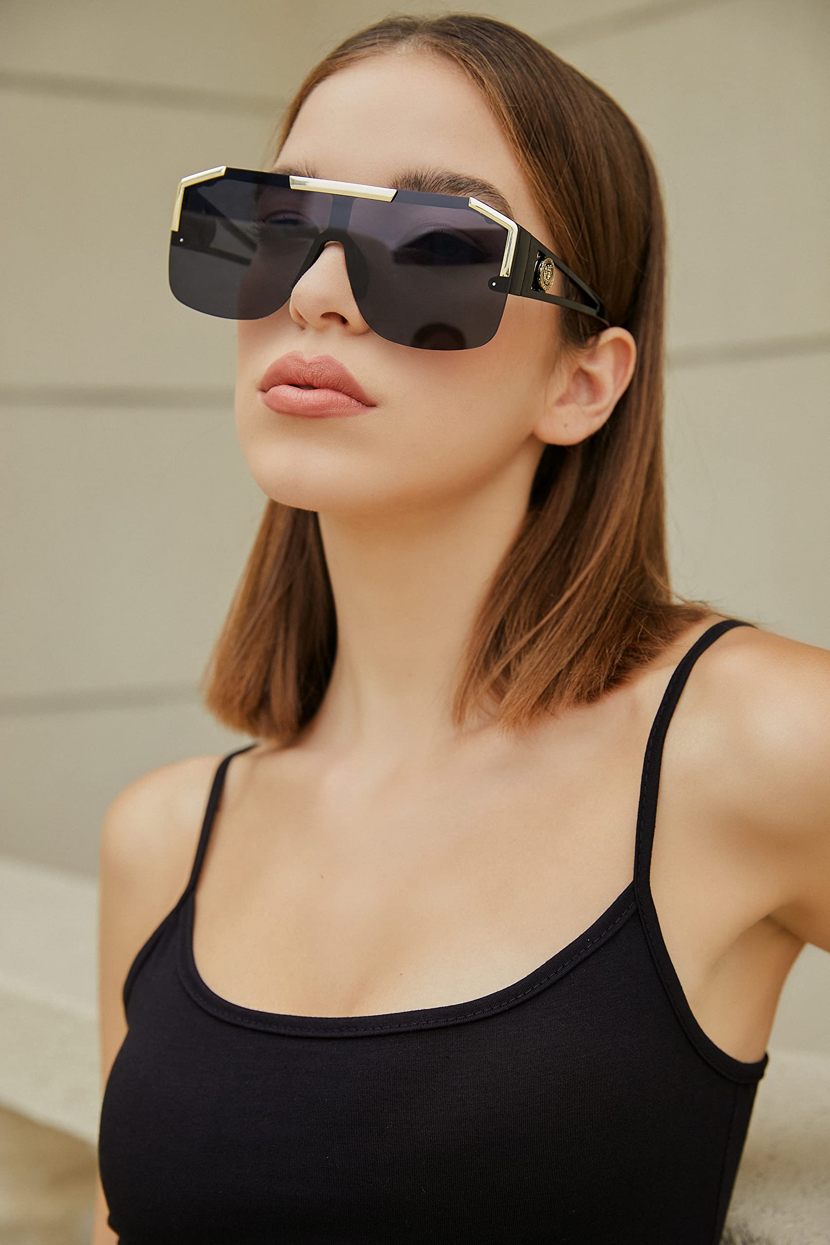 FEISEDY Square Oversized Sunglasses for Men Women, Flat Top Shield One Piece Lens Sun Glasses Shades B2765