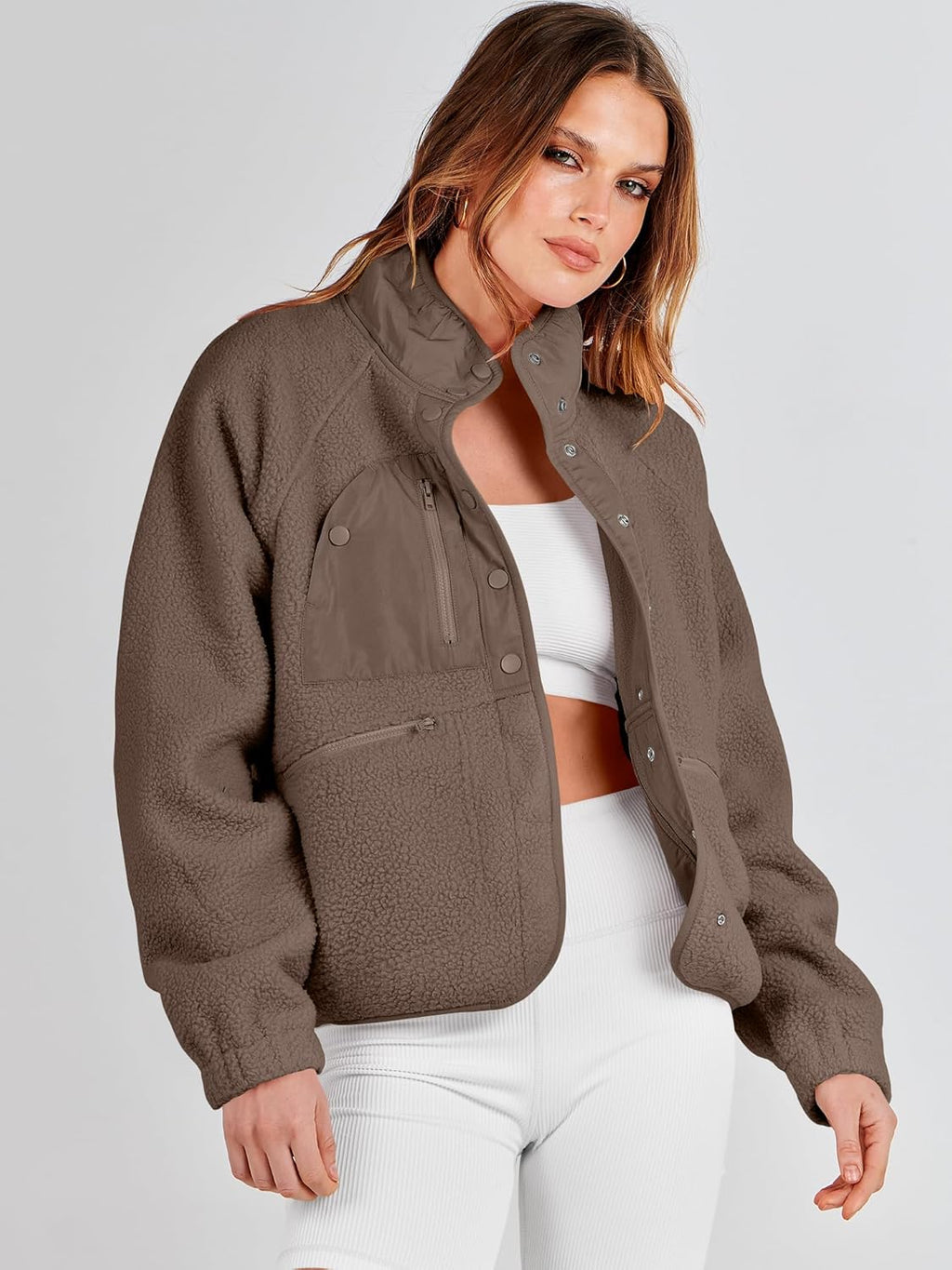 ANRABESS Womens Fuzzy Fleece Jacket Fall Casual Long Sleeve Cropped Sherpa Button Down Shacket Coats Outwear With Pockets