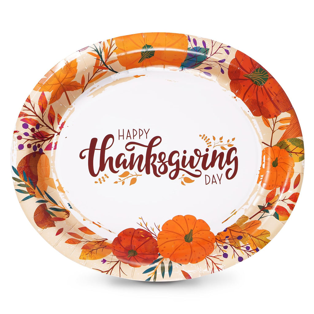 50 Count Thanksgiving Oval Paper Plates, 10" x 12.5" Large Disposable Dinner Serving Party Platters Heavy Duty, Autumn Fall Harvest Party Supply Thanksgiving Decor