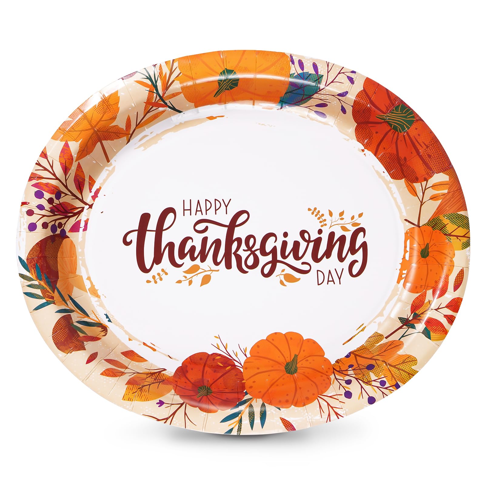 50 Count Thanksgiving Oval Paper Plates, 10" x 12.5" Large Disposable Dinner Serving Party Platters Heavy Duty, Autumn Fall Harvest Party Supply Thanksgiving Decor