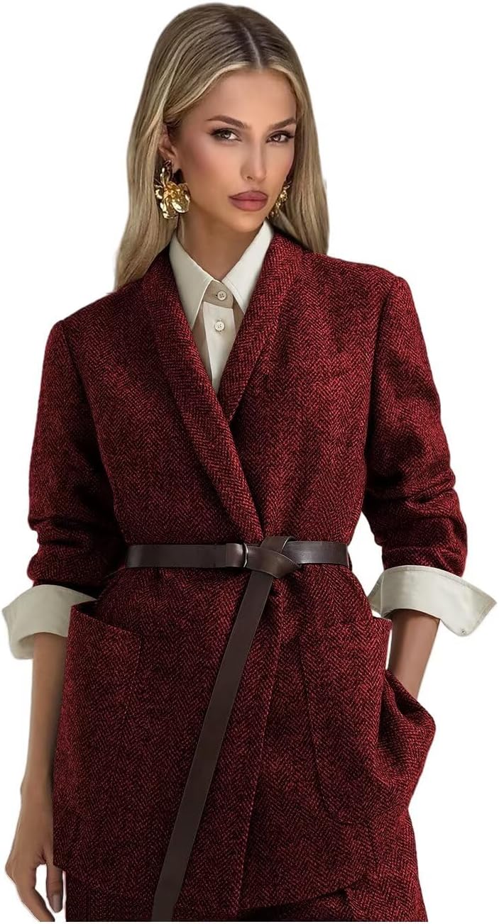 Tweed Suits for Women Dressy 2 Piece Herringbone Blazer and Pants with Belt Shawl Lapel Business Casual Outfits
