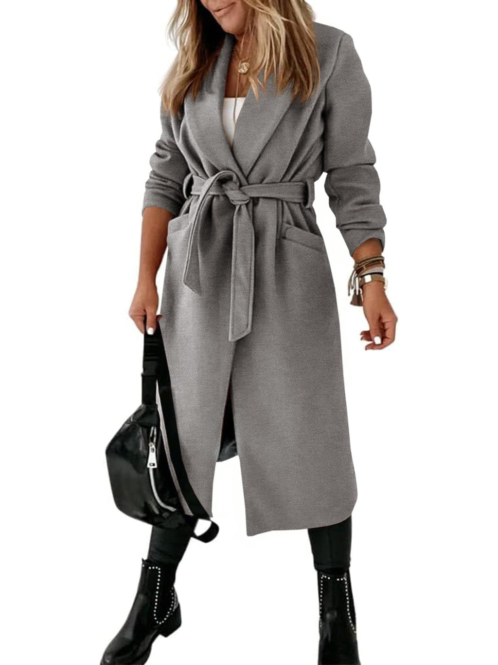 Womens Classic Coat Lapel Collar Open Front Belted Long Jacket