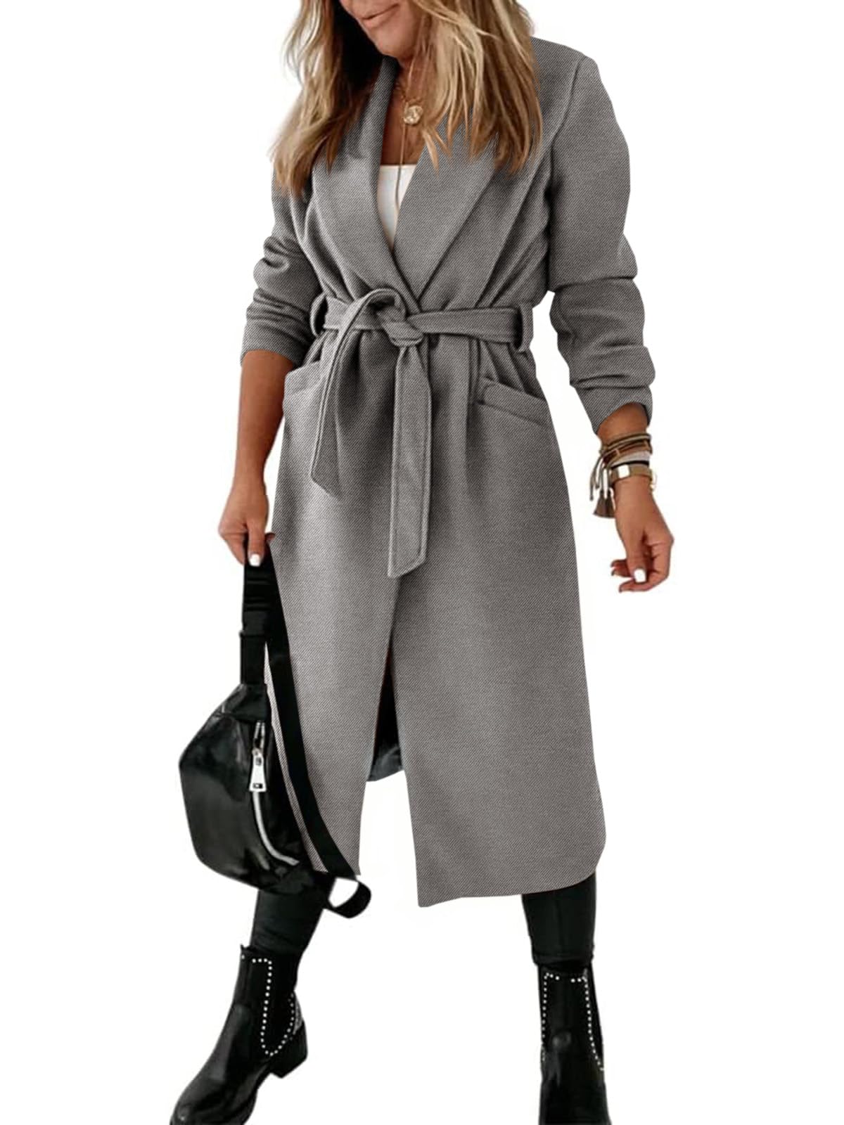 Womens Classic Coat Lapel Collar Open Front Belted Long Jacket