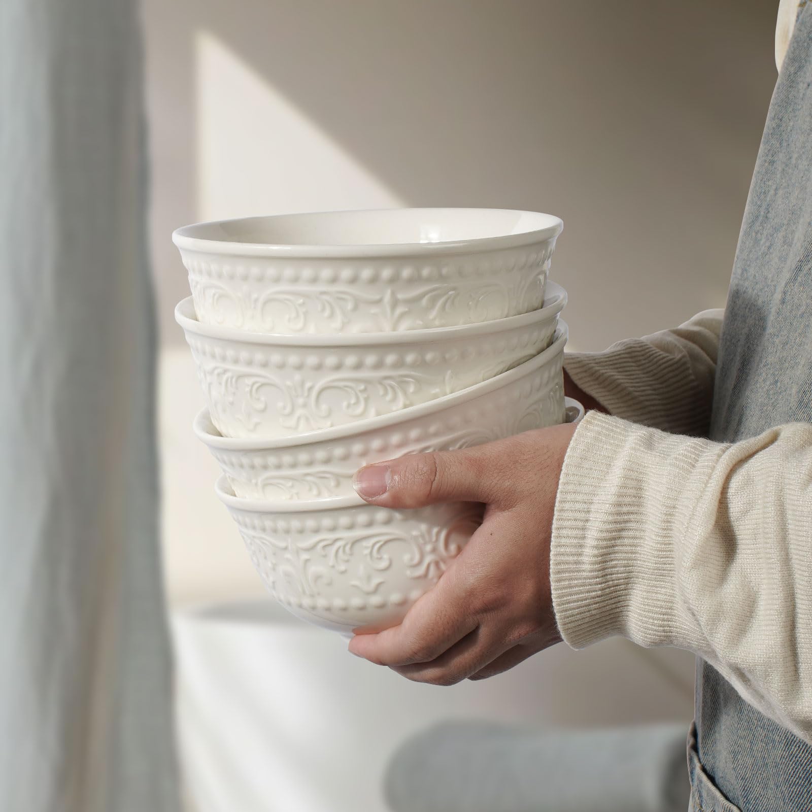 Large Salad Bowls Set of 4, 60oz White Serving Bowls Deep Deep Embossed Ceramic Mixing Bowl for Soup Kitchen, Eating, Ramen, Pasta, Dishwasher & Microwave Safe 8 inch (Multiple Patterns)