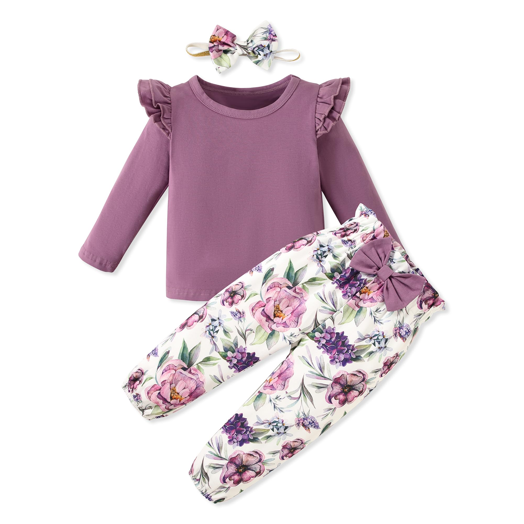 SANMIO Toddler Girl Clothes Outfits Cute Ruffle Sleeve Shirt Floral Pant+Headband 3Pcs Baby Girl Clothing Set 1-6T