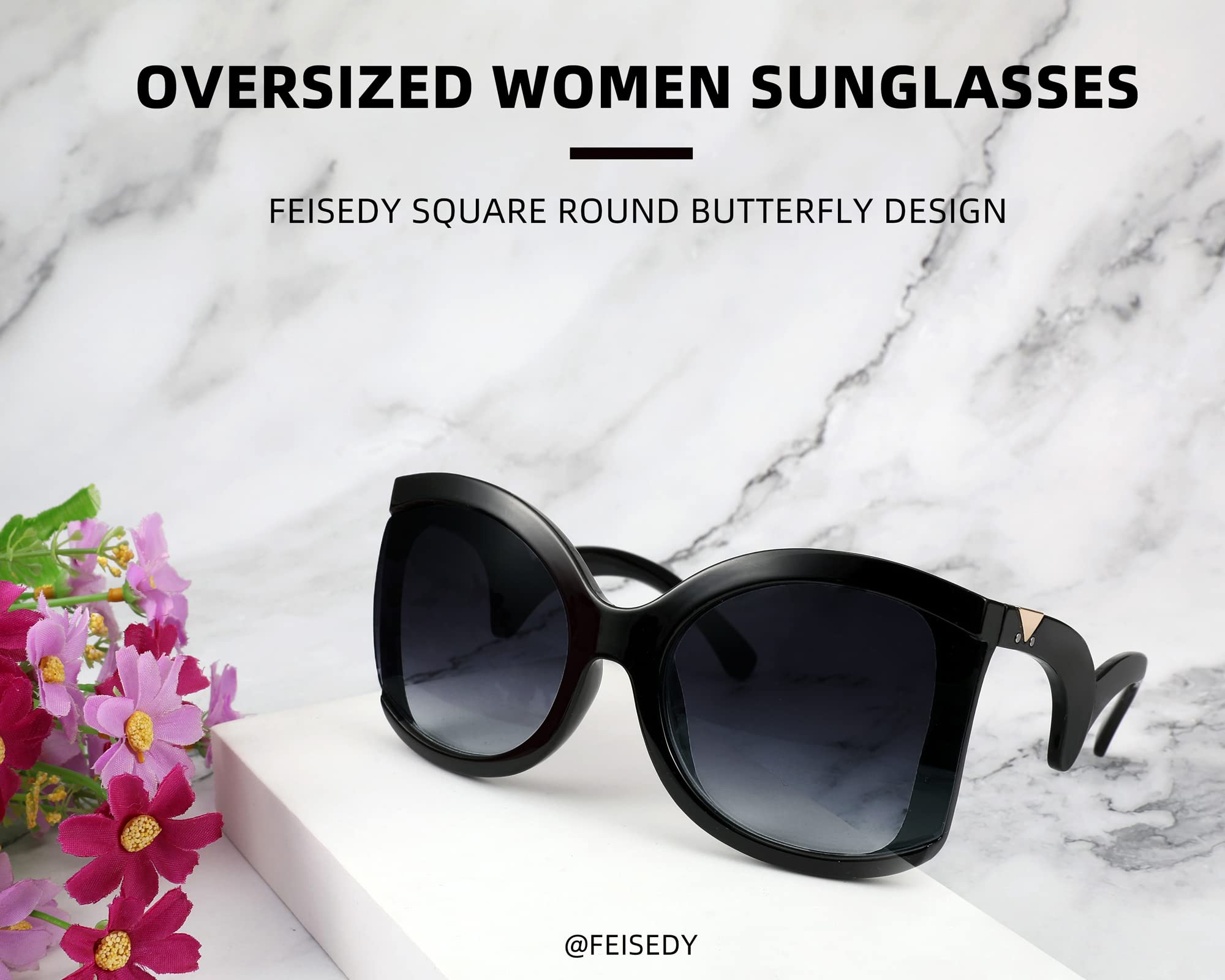 FEISEDY Oversized Square Butterfly Sunglasses Curved Curly Arm Frame Women's Fashion Shades B4035